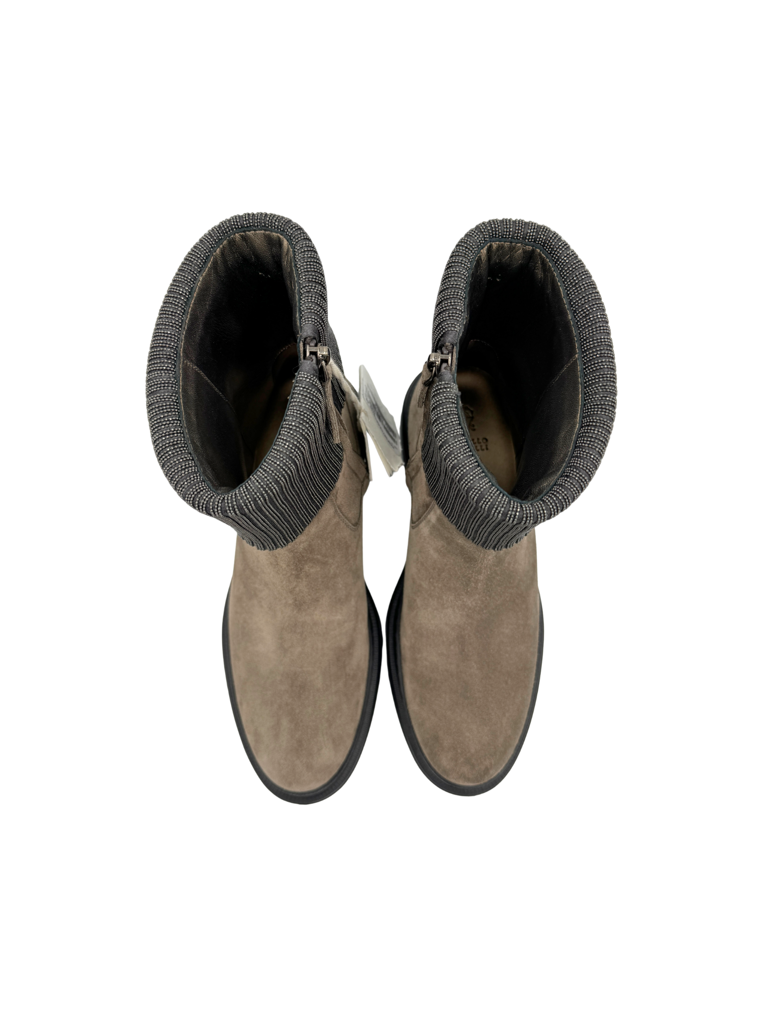 Size 40 Ankle Boots with Monili Trim Ribbed Cuff in Grey Suede