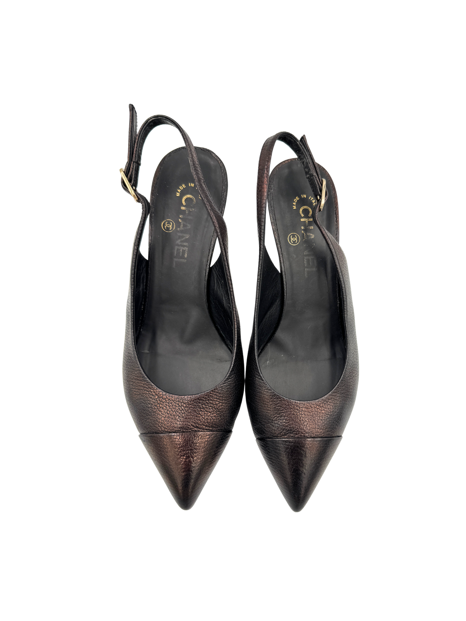 Size 39.5 Classic CC Cap-Toe Pointed Toe Slingback Pumps in Metallic Brown Leather