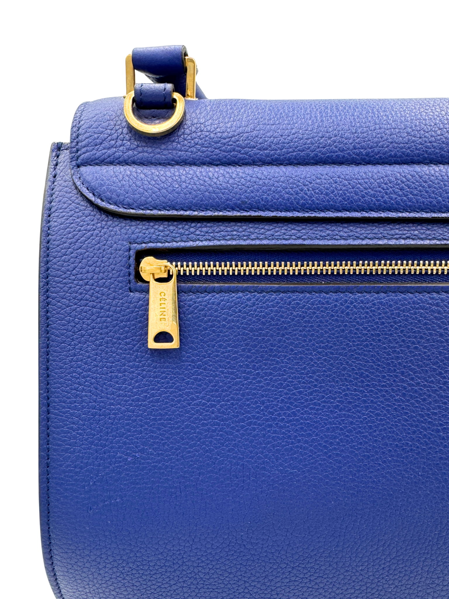 Medium Trapeze Shoulder Bag with Top Handle in Blue Calfskin Leather & Suede