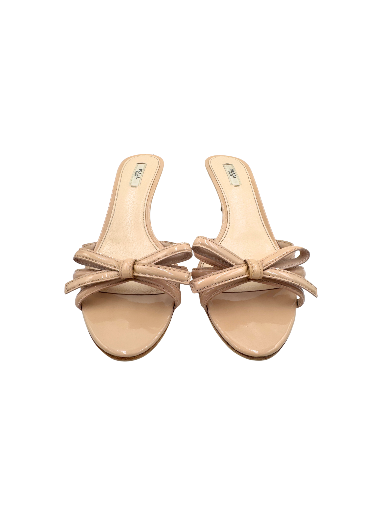 Size 39.5 Strappy Bow Kitten Heel Sandals in Nude Patent Leather