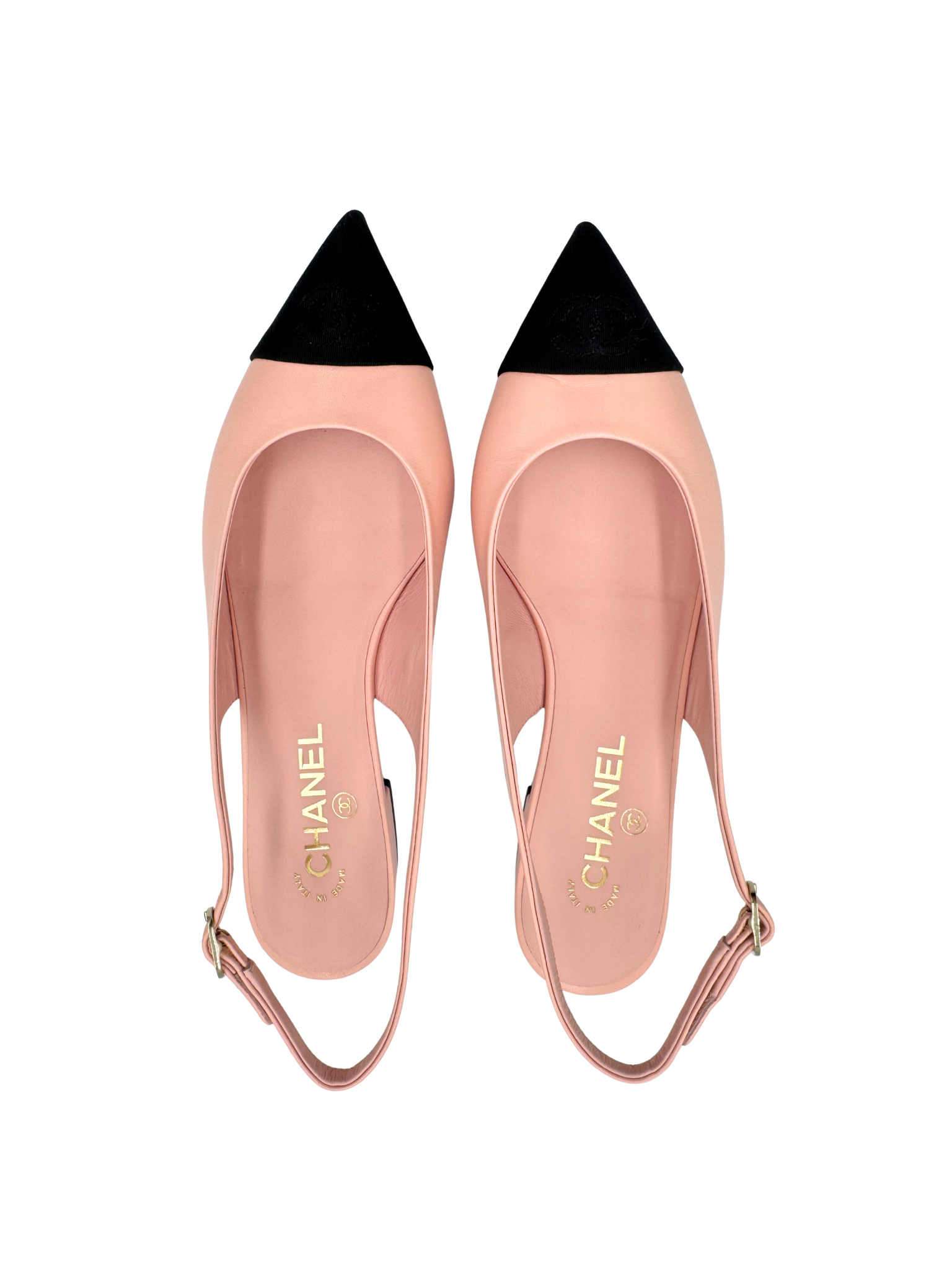 Size 39.5 2024 CC Logo Cap Toe Slingback Flats in Light Pink Goatskin Leather