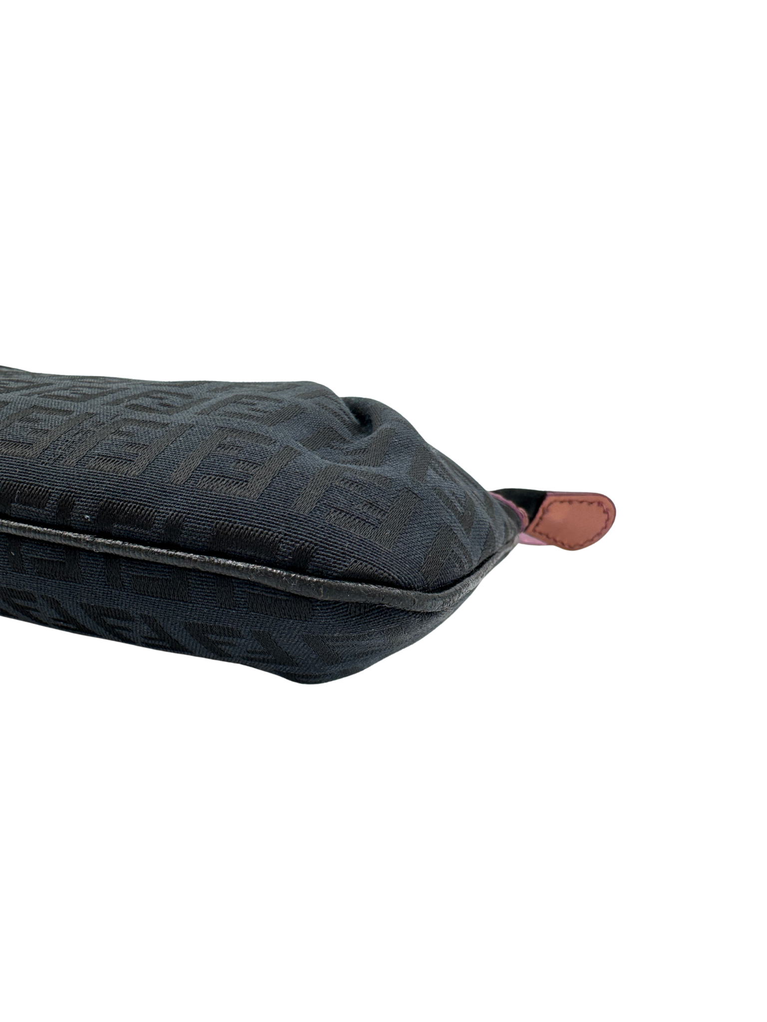 Vintage Zucchino FF Pochette Shoulder Bag with Fendi Strap Charms in Black Monogram Logo Jacquard Fabric with Pink Trim