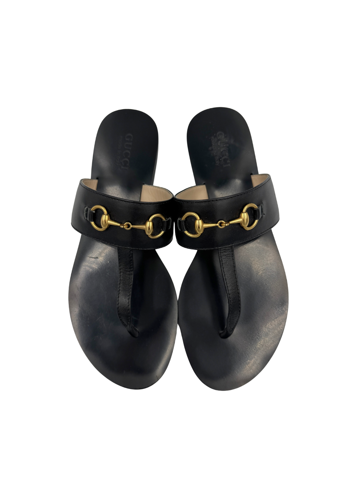 Size 39 Horsebit Flat Slide Thong Sandals in Black Leather