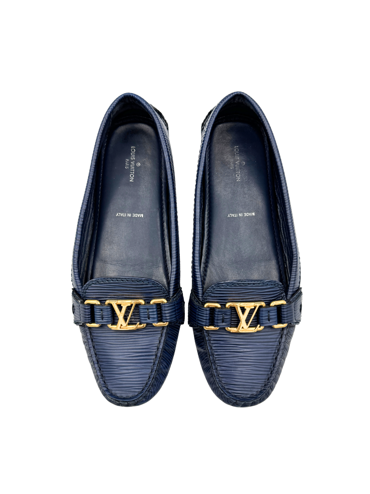 Size 38 Vintage LV Logo Flat Driving Loafer Moccasins in Blue Epi Leather