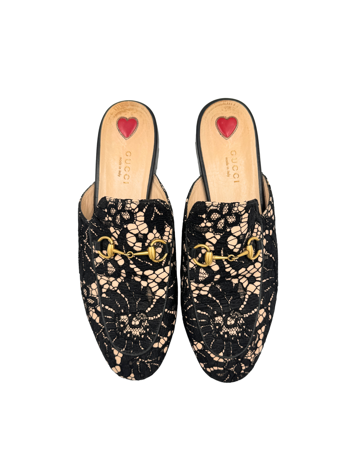Size 38 Horsebit Princetown Flat Slide Mule Loafers in Black and Ivory Lace