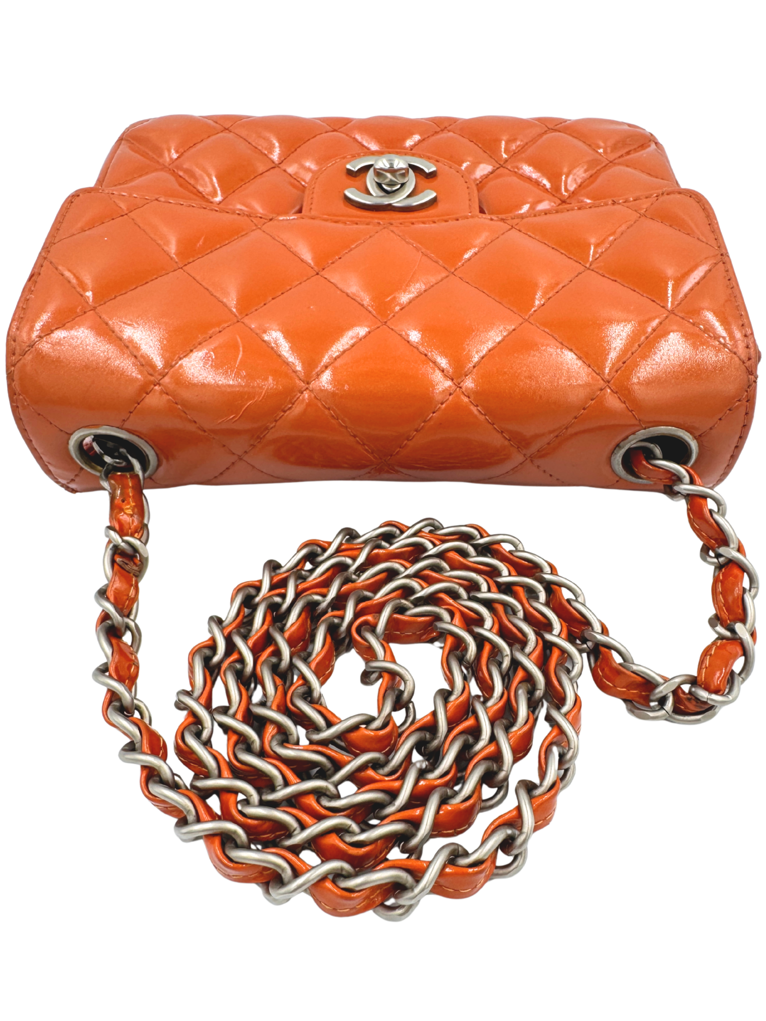 Vintage Karl Lagerfeld Era Square Mini Classic Flap Bag with CC Turnlock in Orange Patent Leather