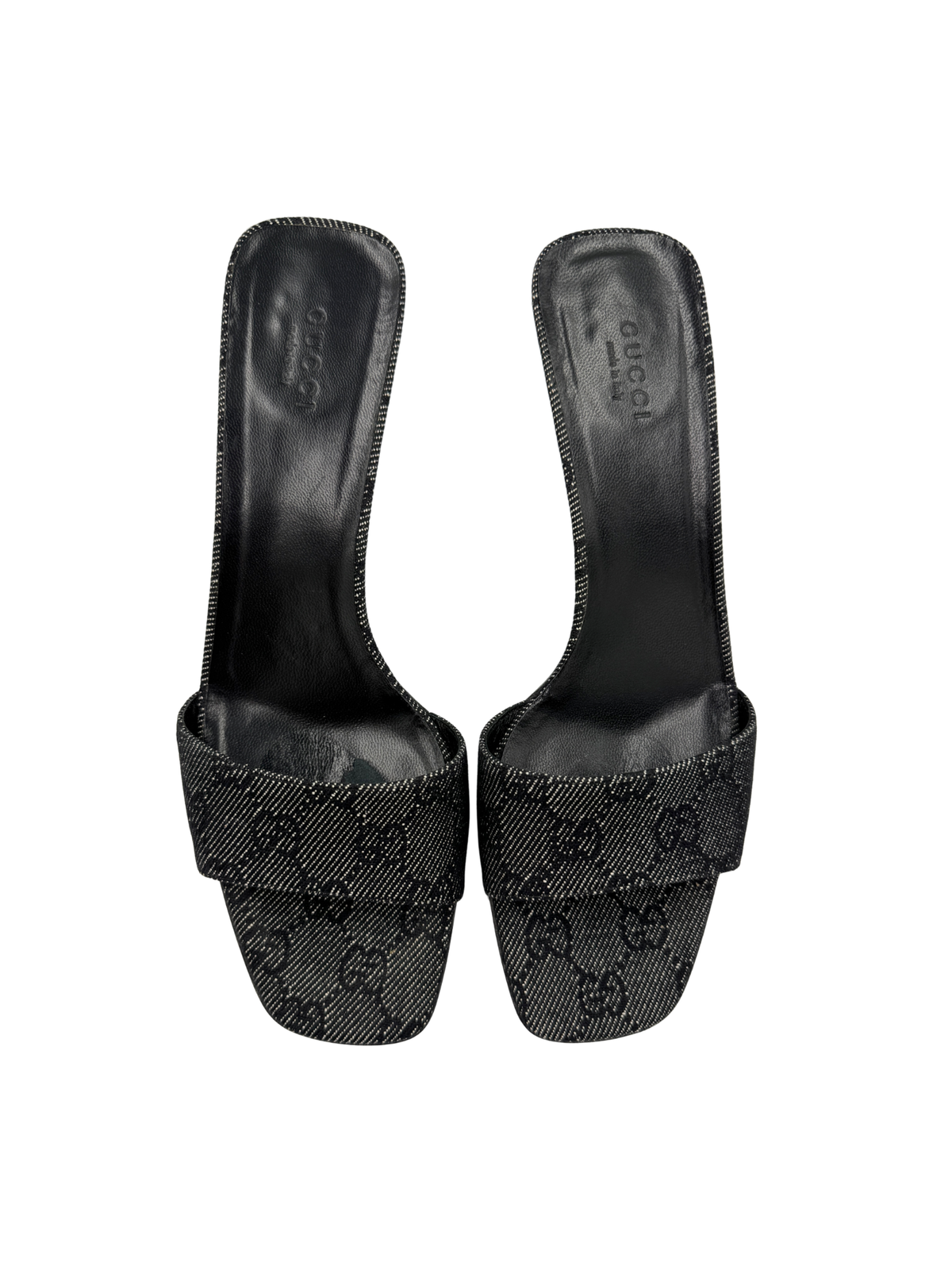 Size 7.5 Vintage Tom Ford Era Logo Slip-on Heeled Mules in Grey and Black Monogram GG Supreme Canvas