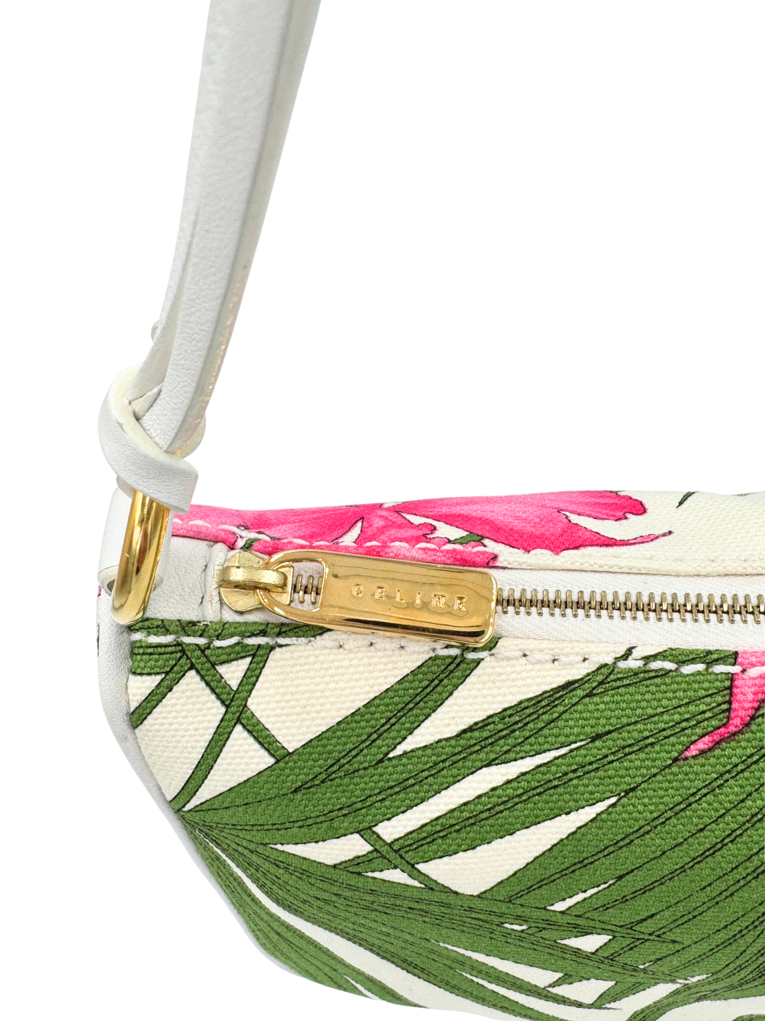 Triomphe Tropical Hibiscus Print Shoulder Bag Pochette in Pink and Green Canvas