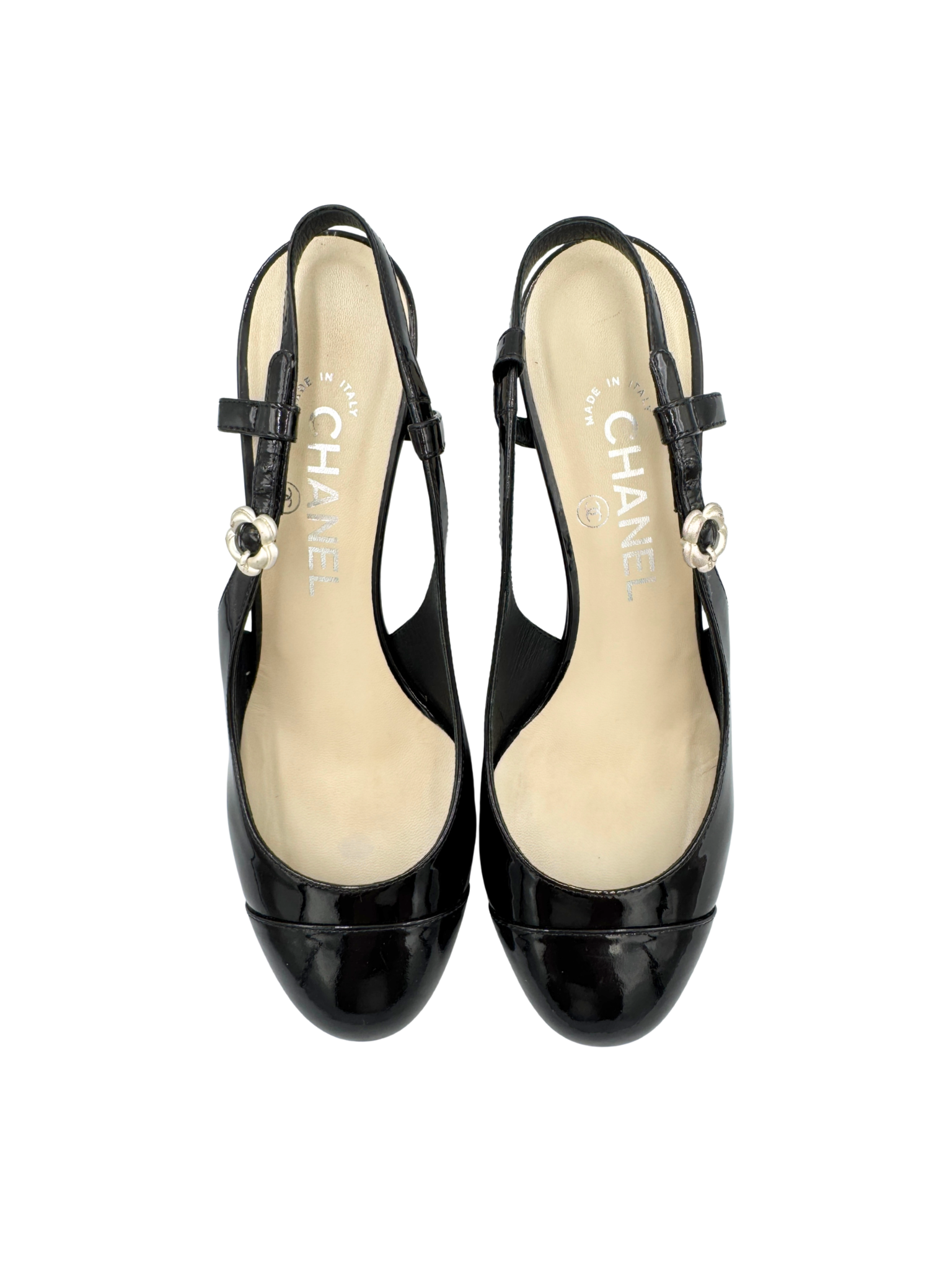 Size 38 Cap-Toe Camelia CC Slingbacks in Black Patent Leather