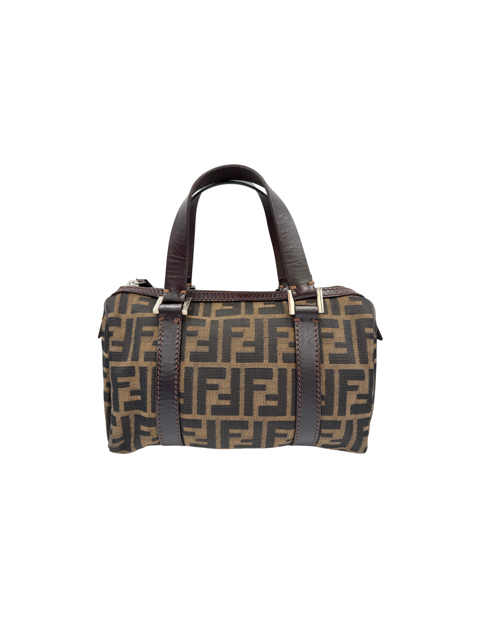 Vintage FF Zucca Boston Bag with Top Handle in Brown and Tan Monogram Canvas with Brown Leather Trim