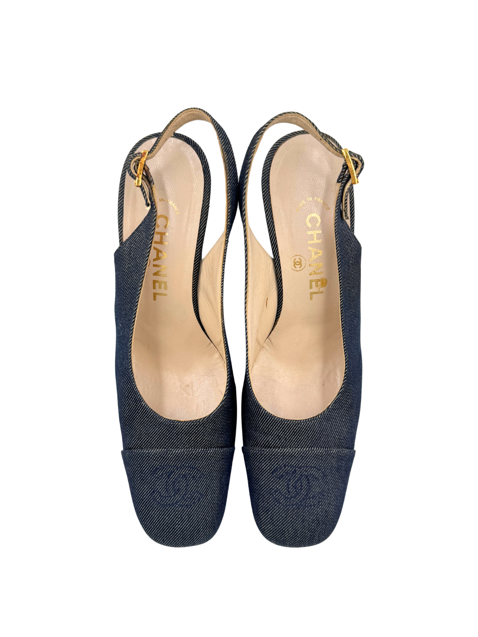 Size 37.5 Vintage Karl Lagerfeld Era CC Logo Slingback Heels in Navy Denim