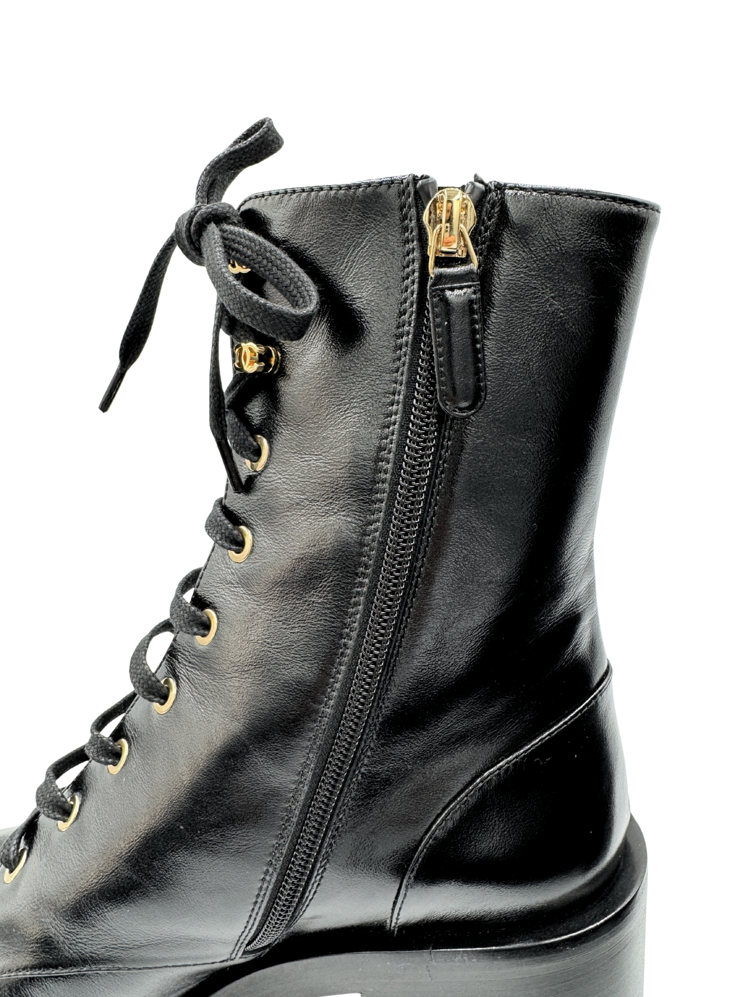 Size 40 2025 CC Combat Boots in Black Lambskin Leather with Patent Leather Accents