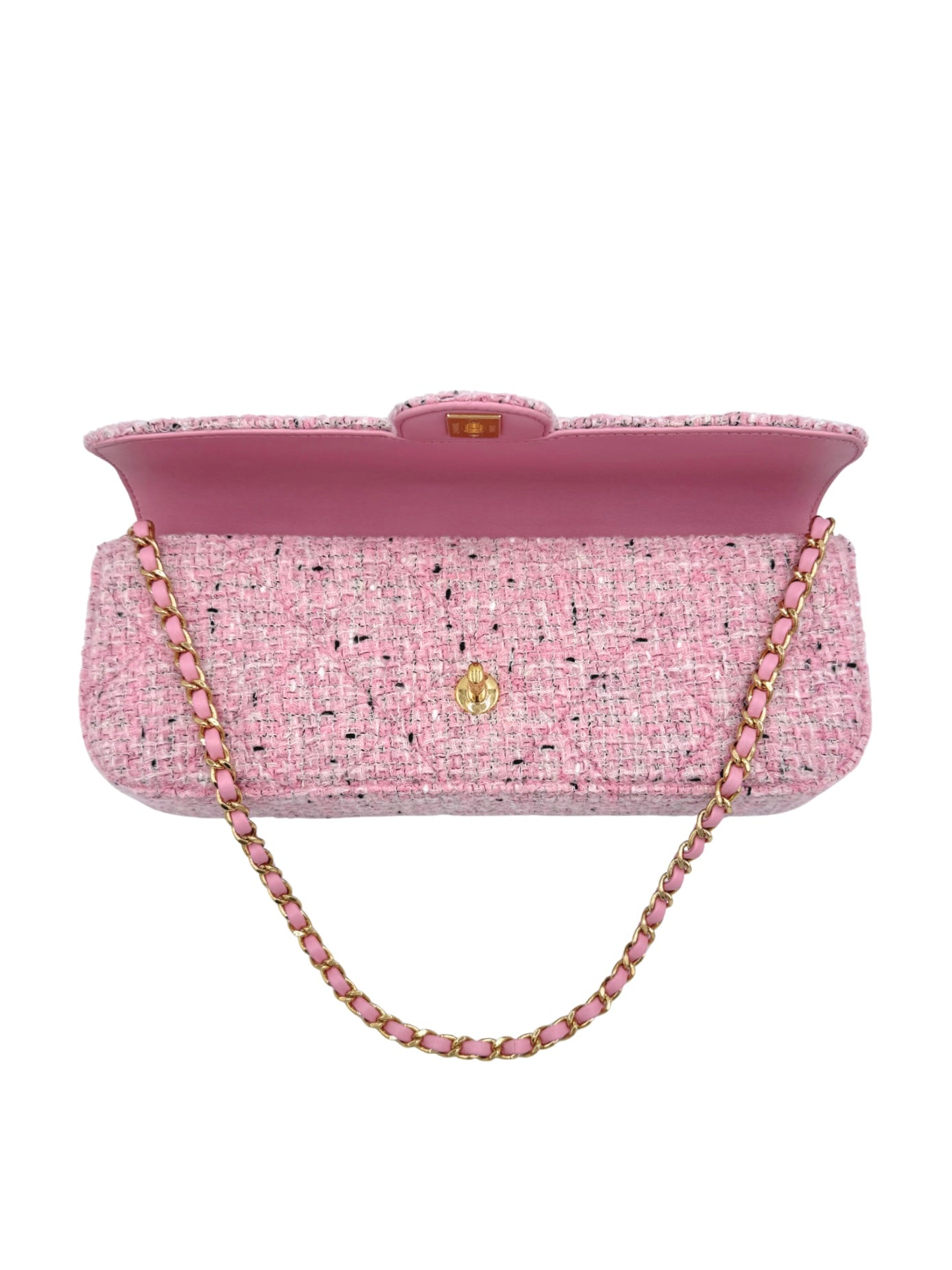 East-West Classic Flap Clutch Shoulder Bag in Pink Tweed (Cruise 2025/2026 Collection)