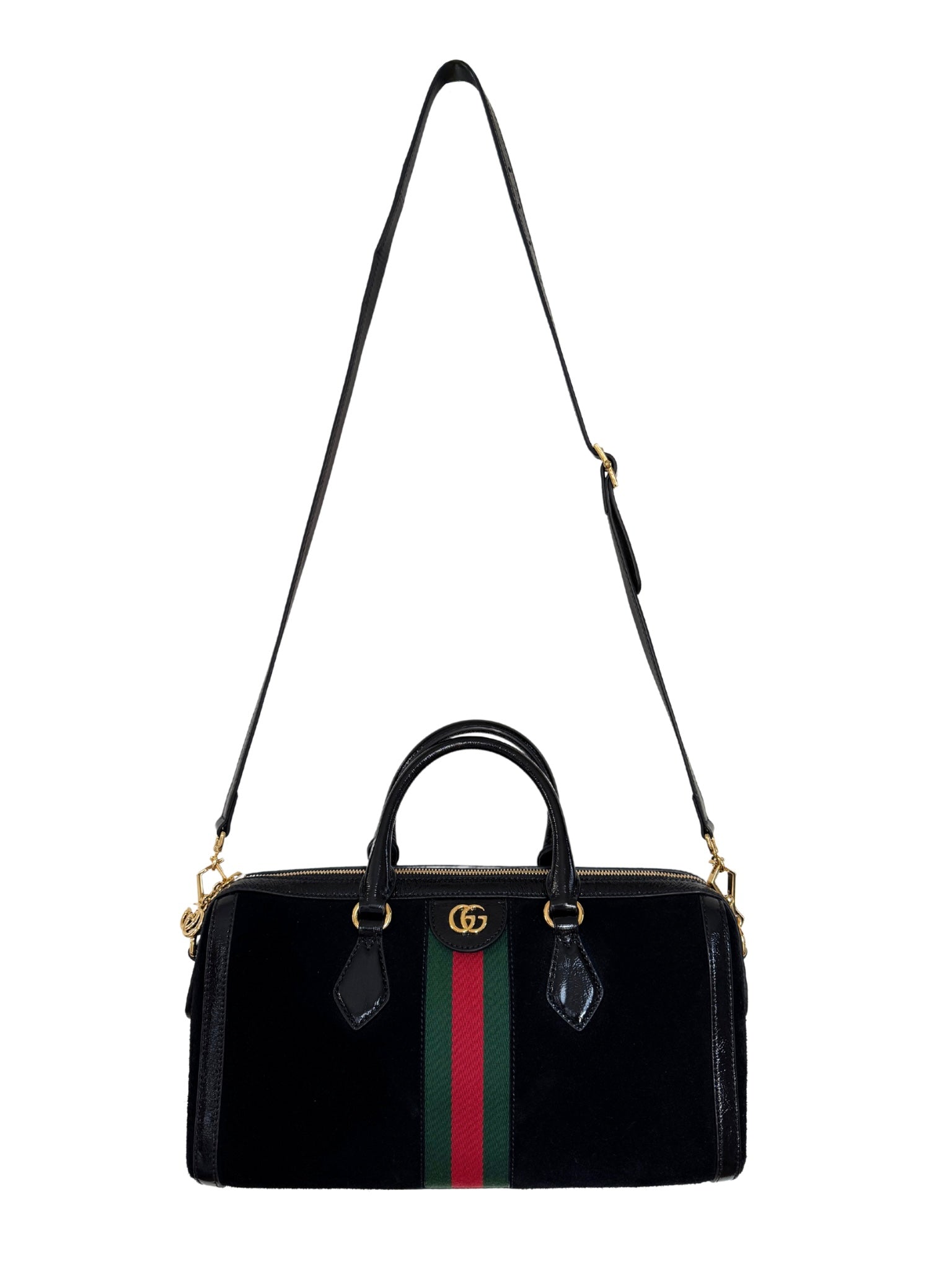 Ophidia Boston Bag in Black Suede & Patent Leather