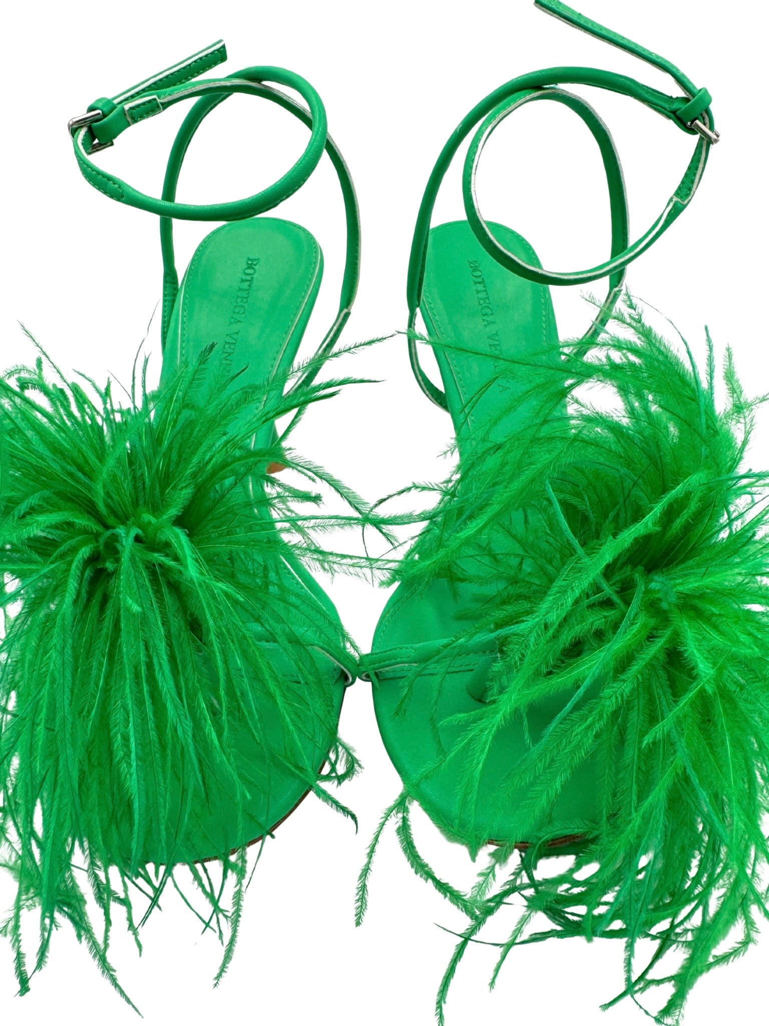 Size 40 Strappy Feather Pom Sandals in Green Smooth Leather