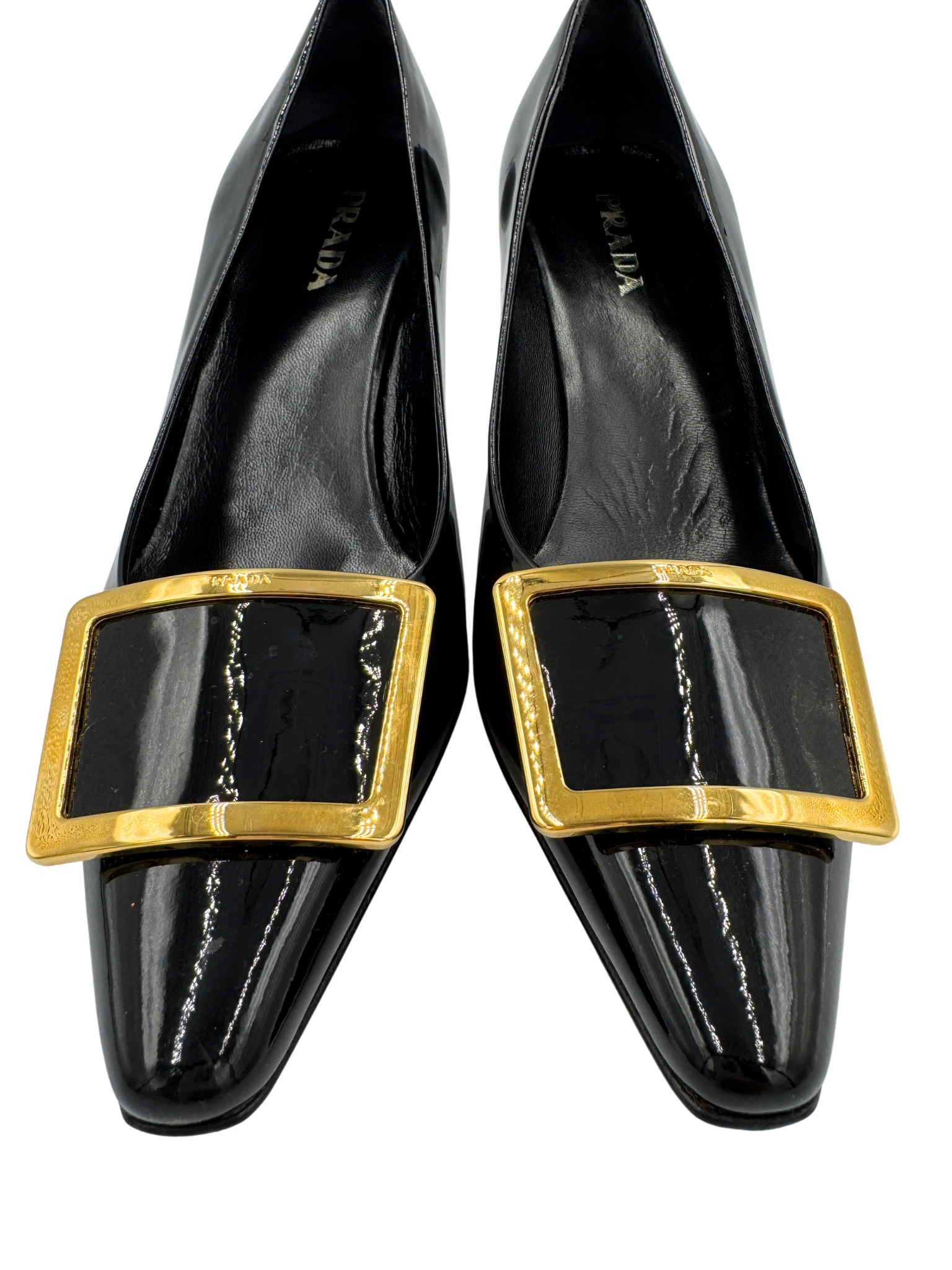 Size 36.5 Pointed Toe Pumps with Square Buckle in Black Leather