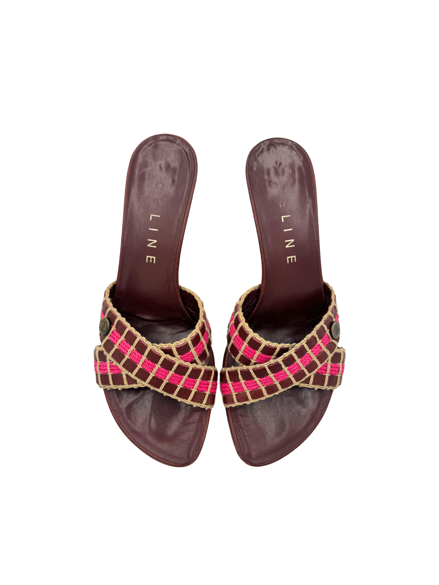 Size 37 Vintage Triomphe CC Logo Crochet Strappy Mule Sandals in Burgundy Red Leather with Pink Accents