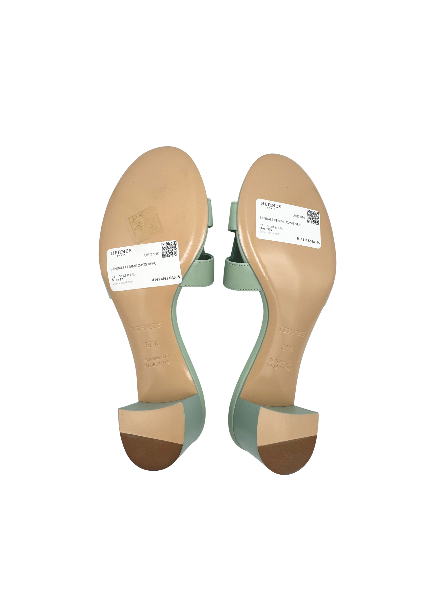 Size 37.5 Hermes Oasis Sandals in Vert D'Eau Smooth Calfskin Leather