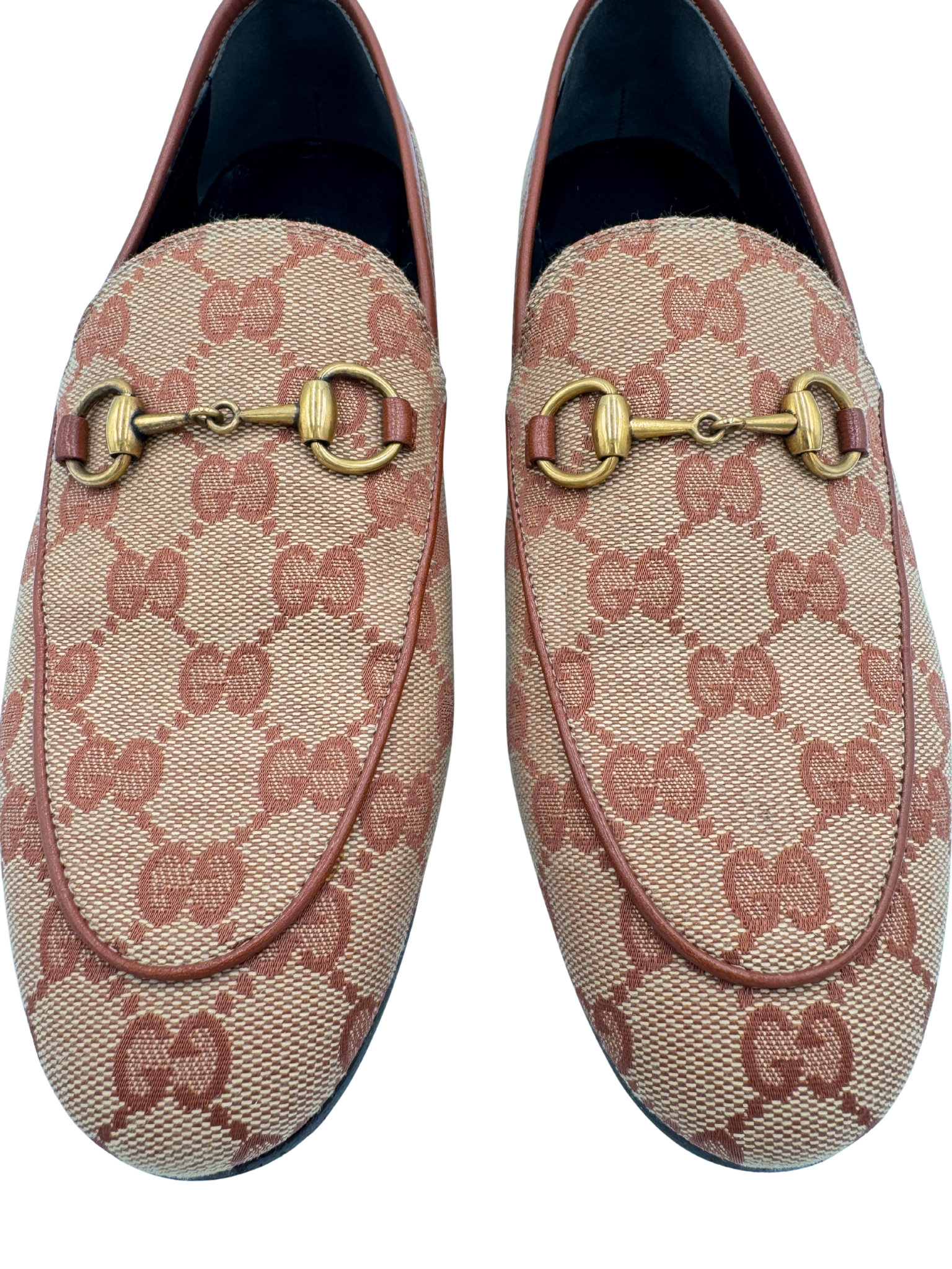 Size 37.5 Jordaan GG Supreme Horsebit Loafers in Beige & Brick Red Ruggine Rust Monogram Canvas
