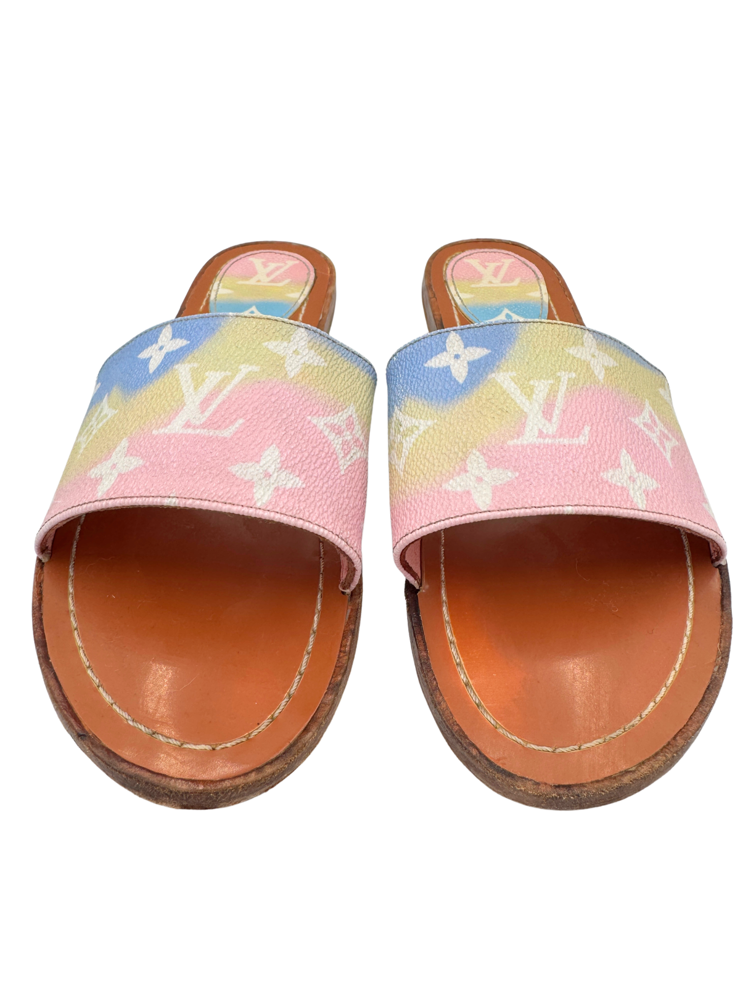 Size 38 Special Edition Monogram Escale Lock It Flat Mule Slide Sandals in Pastel Multicolor Coated Canvas