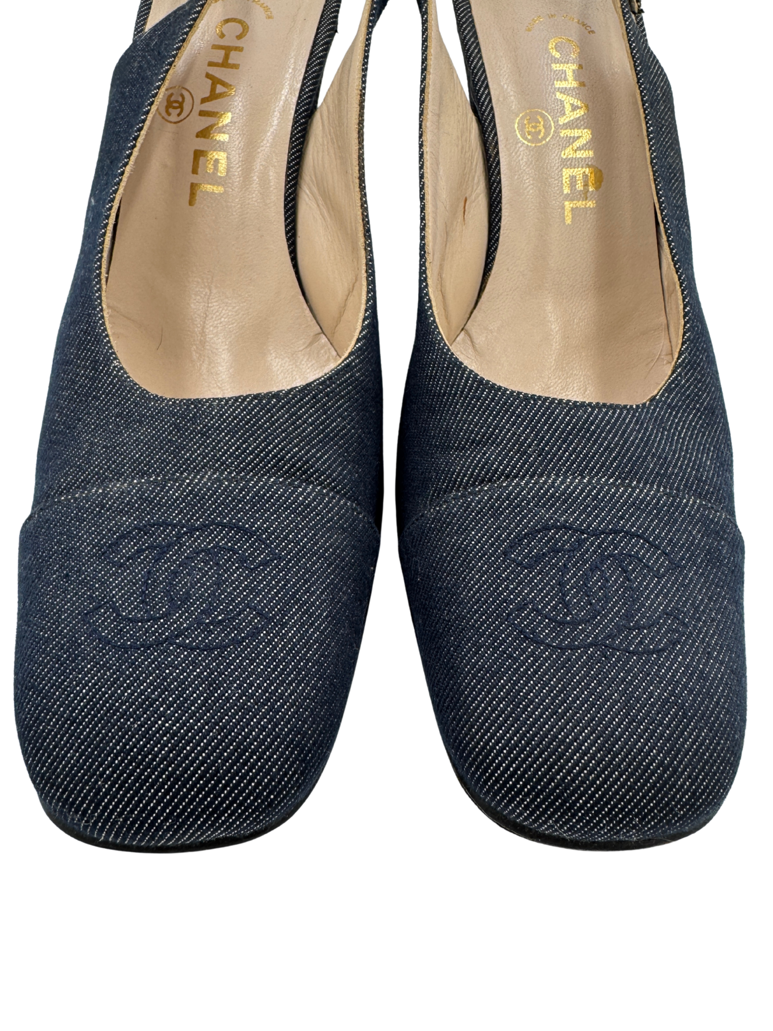 Size 37.5 Vintage Karl Lagerfeld Era CC Logo Slingback Heels in Navy Denim