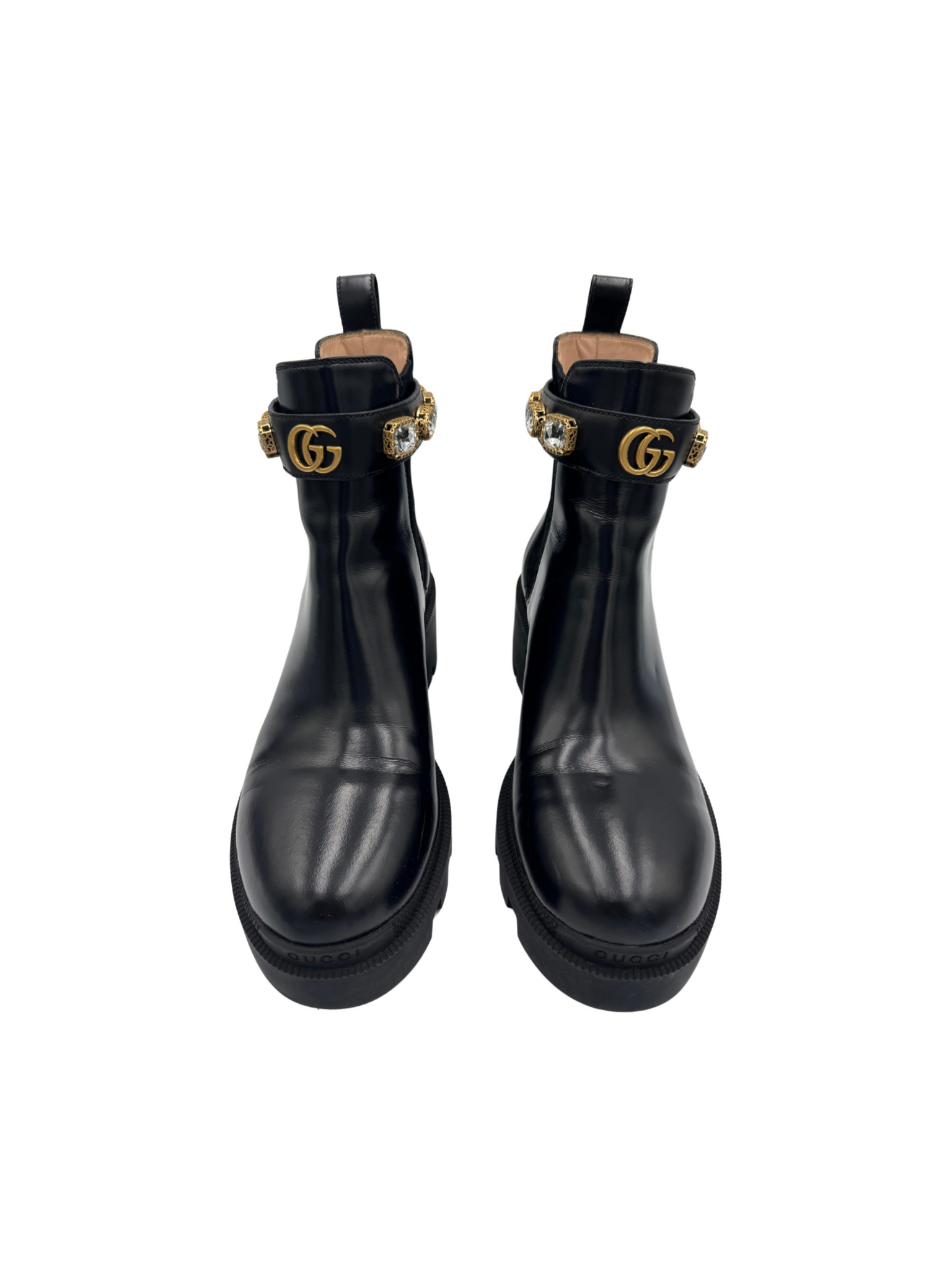 Size 39.5 Trip Crystal-Embellished GG Chelsea Boots in Black Leather