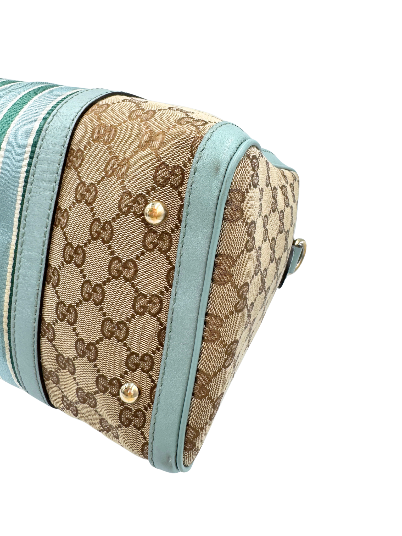 Striped GG Boston Bag with Top Handle in Brown and Tan Monogram GG Supreme Canvas with Blue and Green Accents