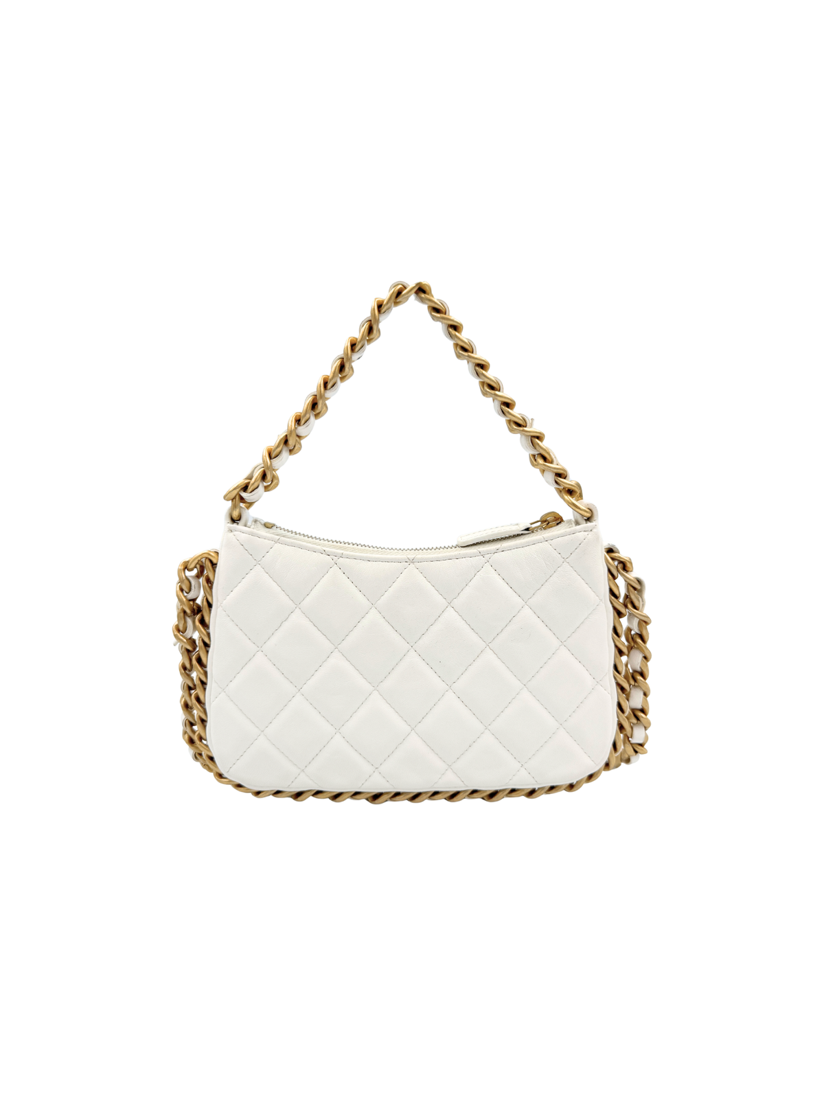 Classic Quilted Chain Around Trendy Hobo Shoulder Bag with Top Handle in White Lambskin Leather