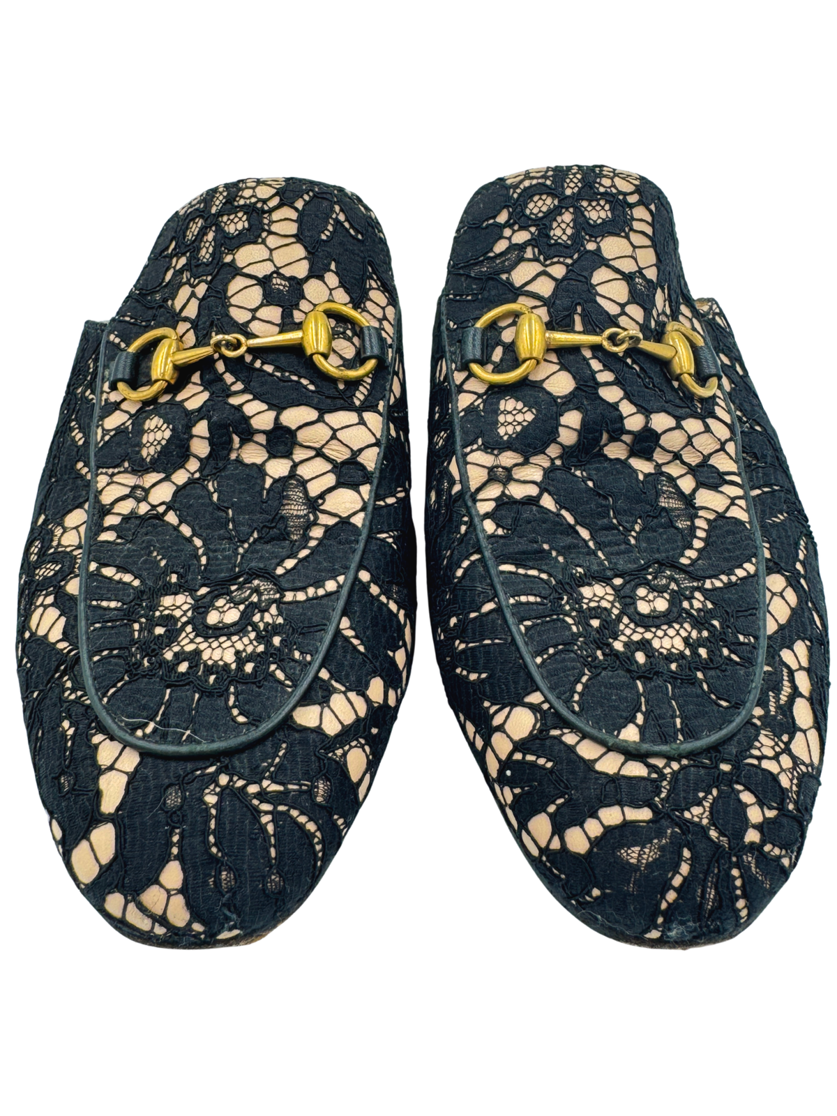Size 38 Horsebit Princetown Flat Slide Mule Loafers in Black and Ivory Lace