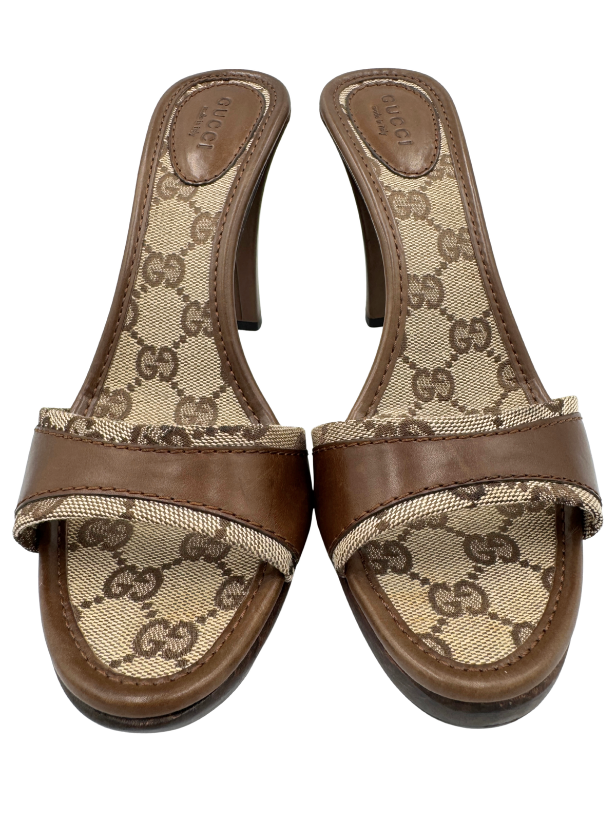 Size 37.5 Logo Mule Sandals in Brown and Tan Monogram GG Supreme Canvas with Leather Trim