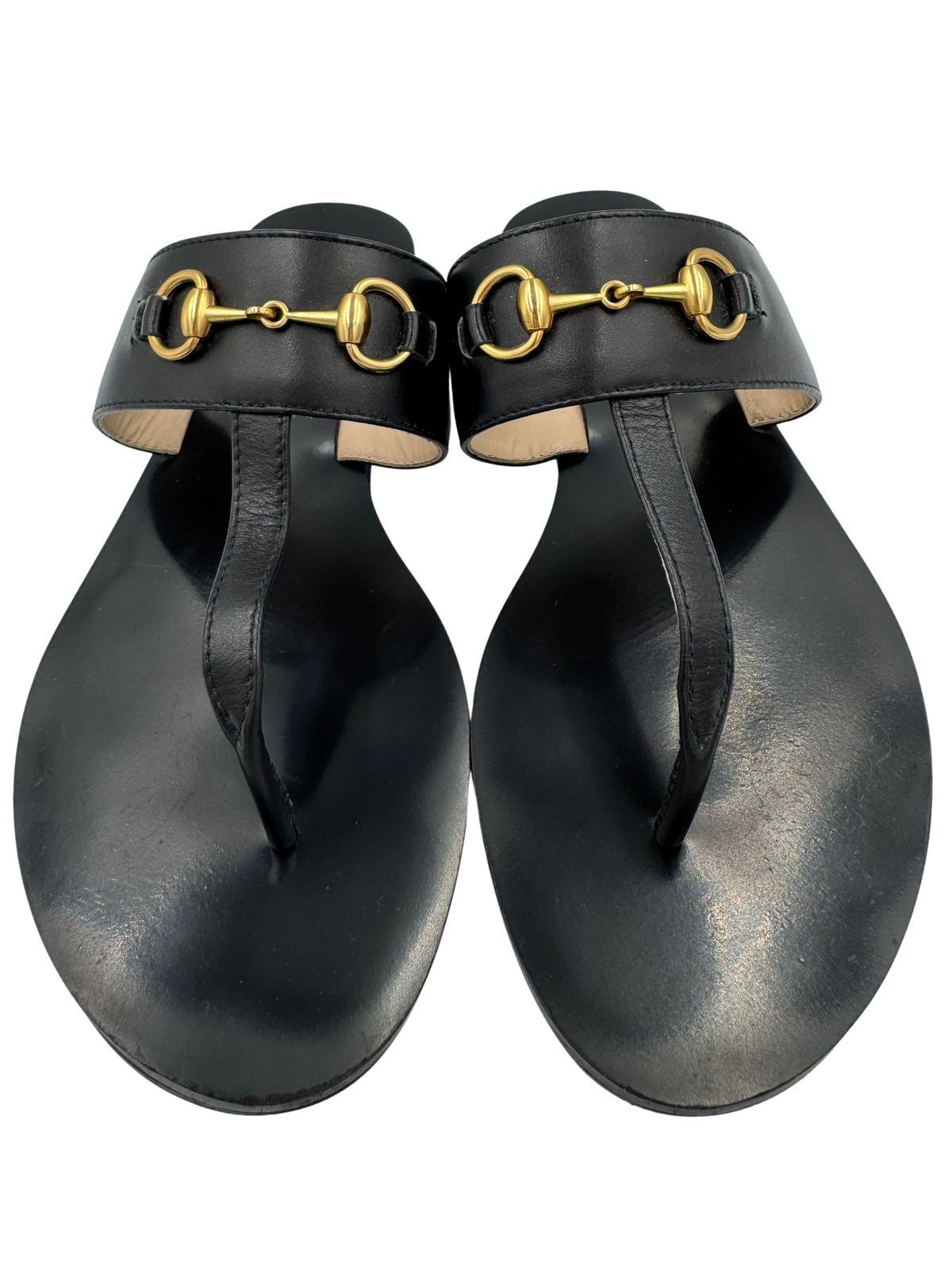 Size 39 Horsebit Flat Slide Thong Sandals in Black Leather