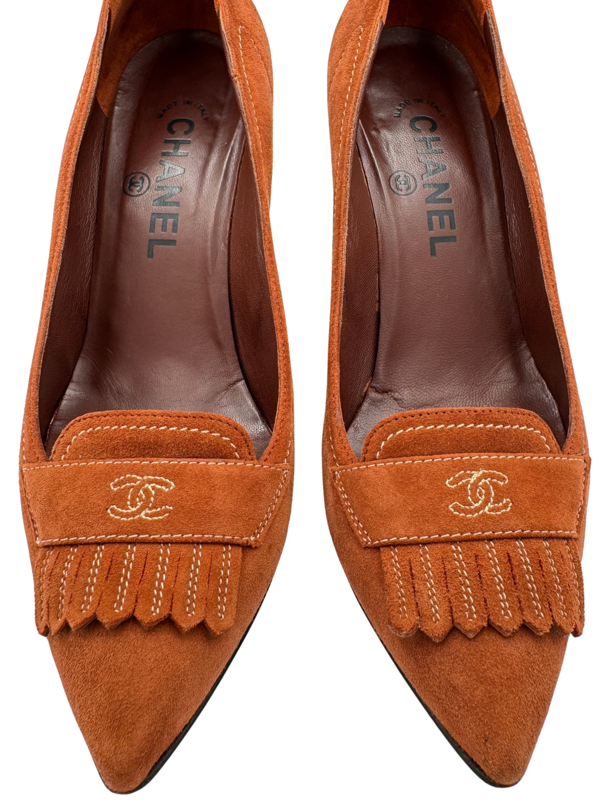 Size 37.5 Vintage Karl Lagerfeld Era CC Pointed Toe Pumps with Fringe in Burnt Orange Suede