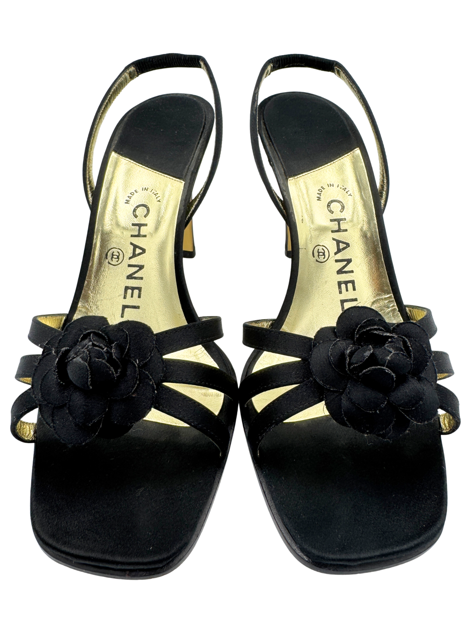 Size 38.5 Vintage Karl Lagerfeld Era Camellia Strappy Square Toe Sandals in Black Fabric