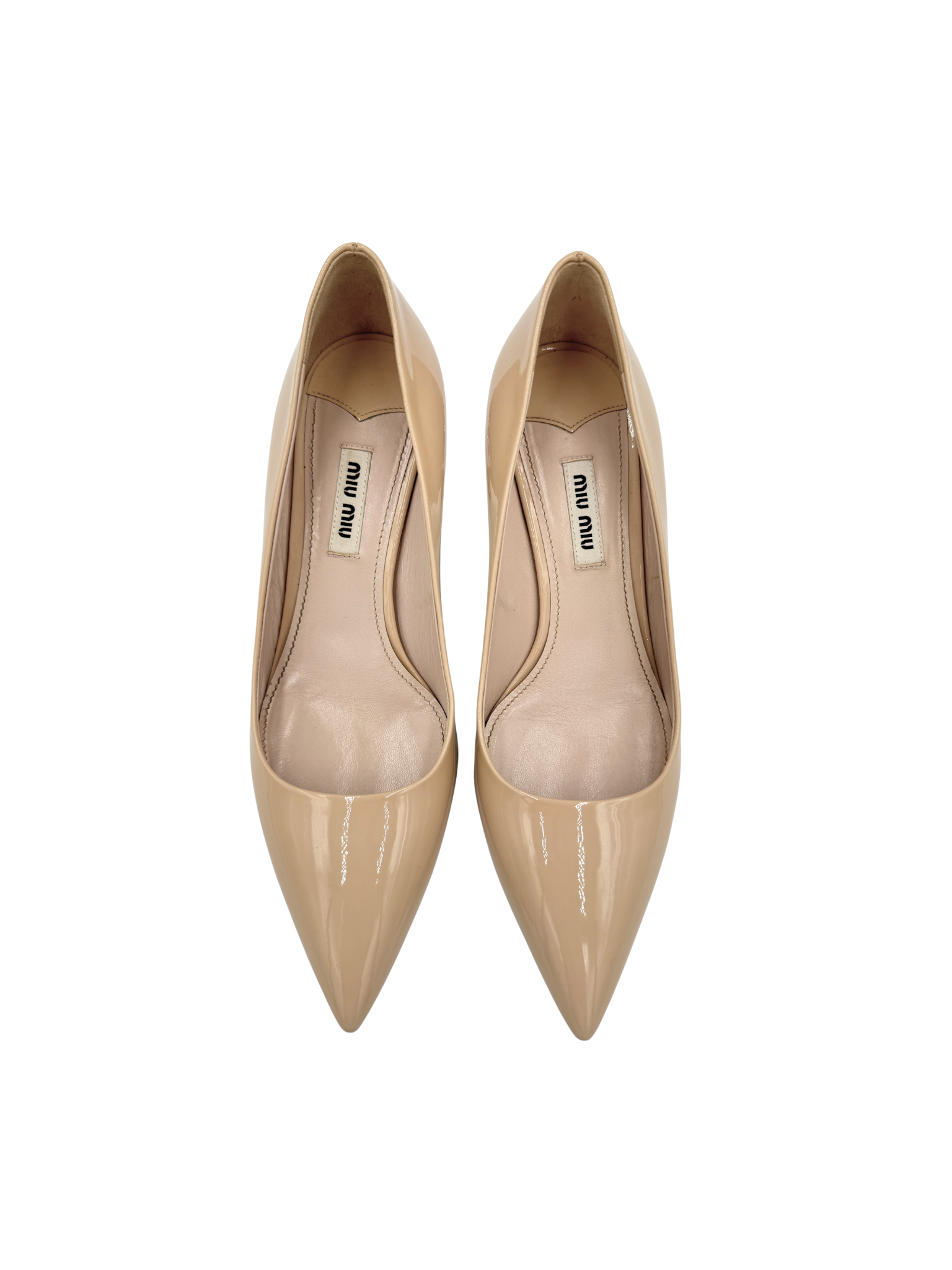 Size 37 Crystal-Embellished Pointed Toe Pumps in Nude Patent Leather