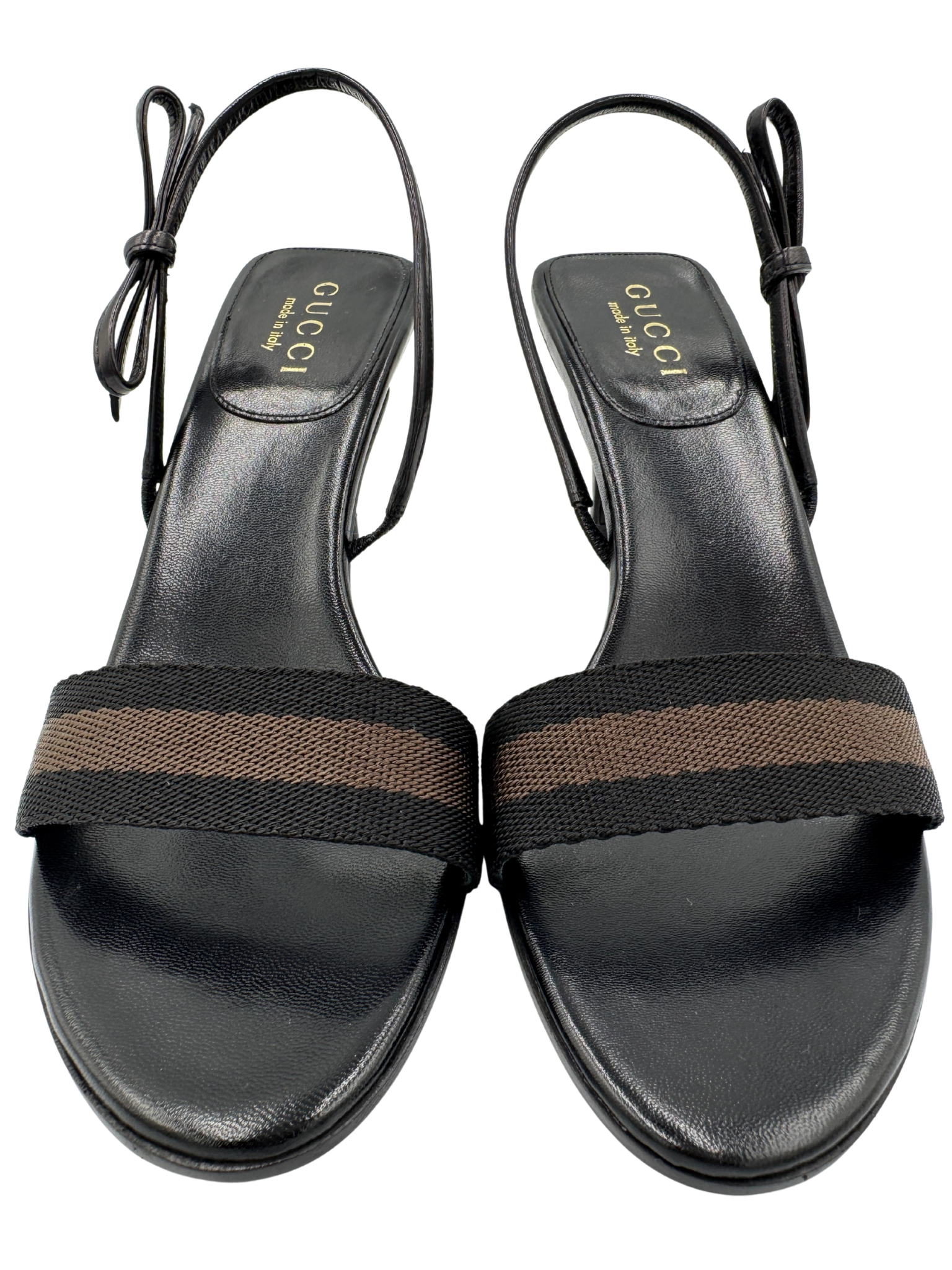 Size 7 Vintage Strappy Slingback Sandals with Bow in Black Leather with Canvas Strap
