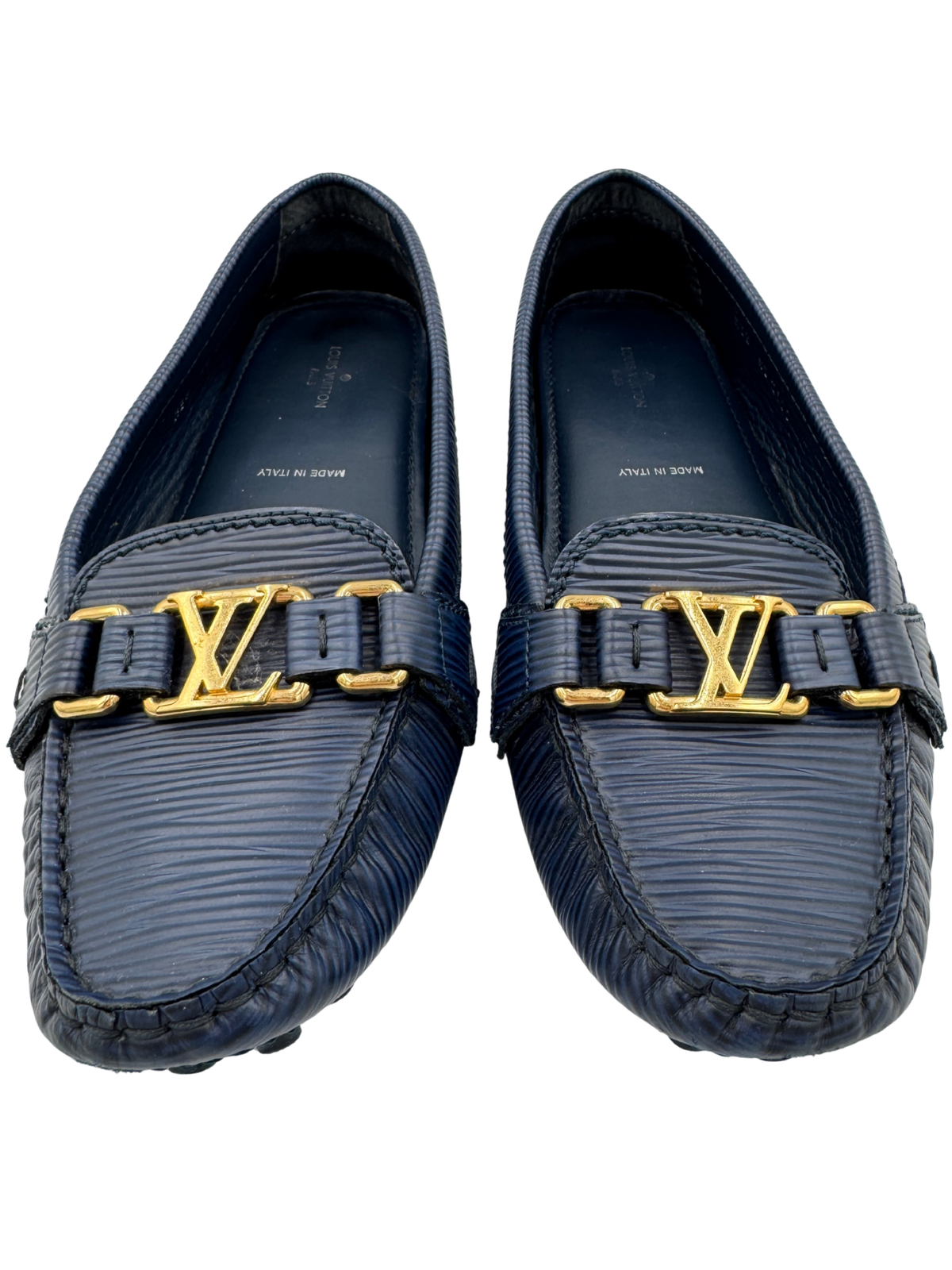 Size 38 Vintage LV Logo Flat Driving Loafer Moccasins in Blue Epi Leather