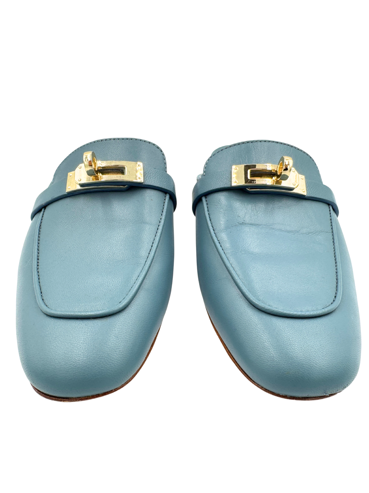 Size 37 Oz Mules with Kelly Buckle in Blue Calfskin Leather