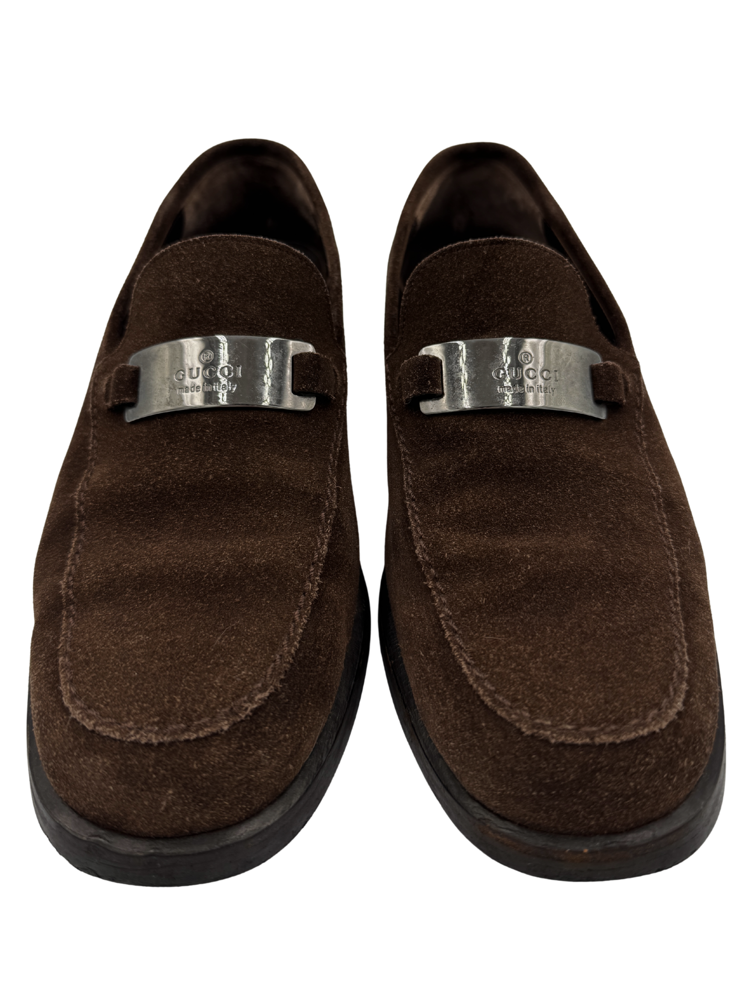 Size 38 Gucci Plate Flat Loafers in Chocolate Brown Suede