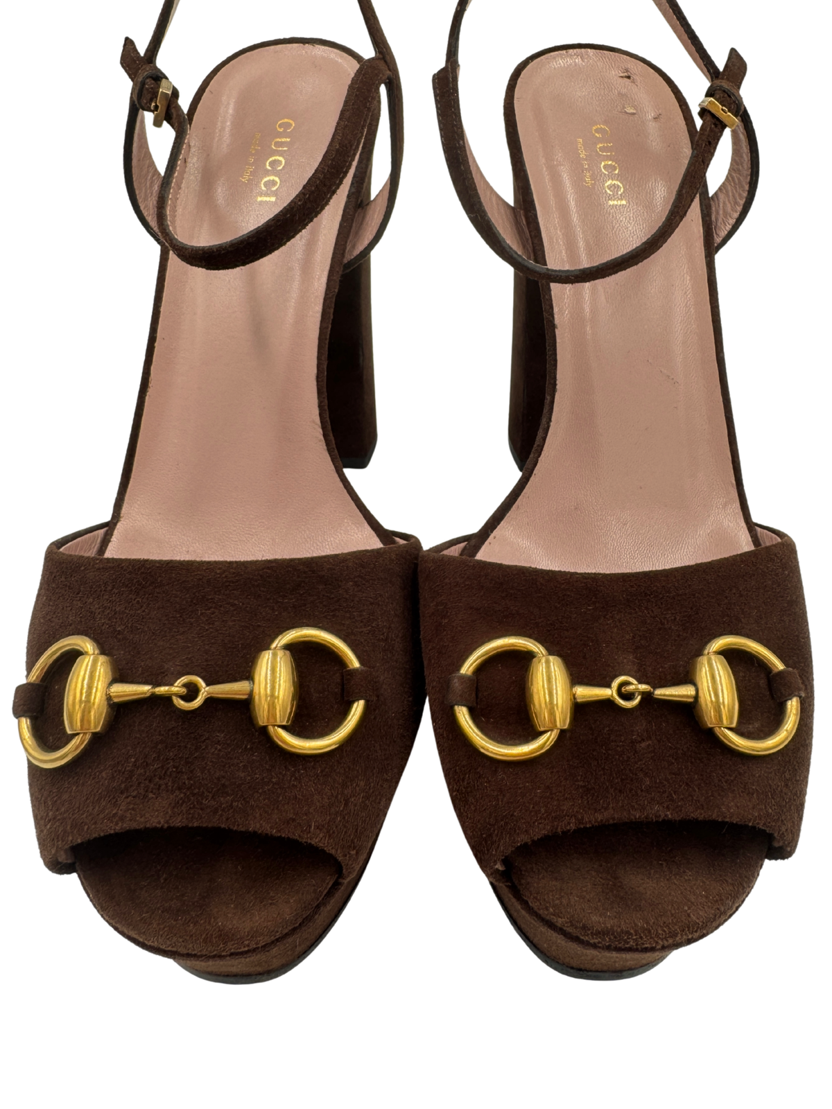 Size 38.5 Platform Horsebit Sandals with Ankle Strap in Brown Suede