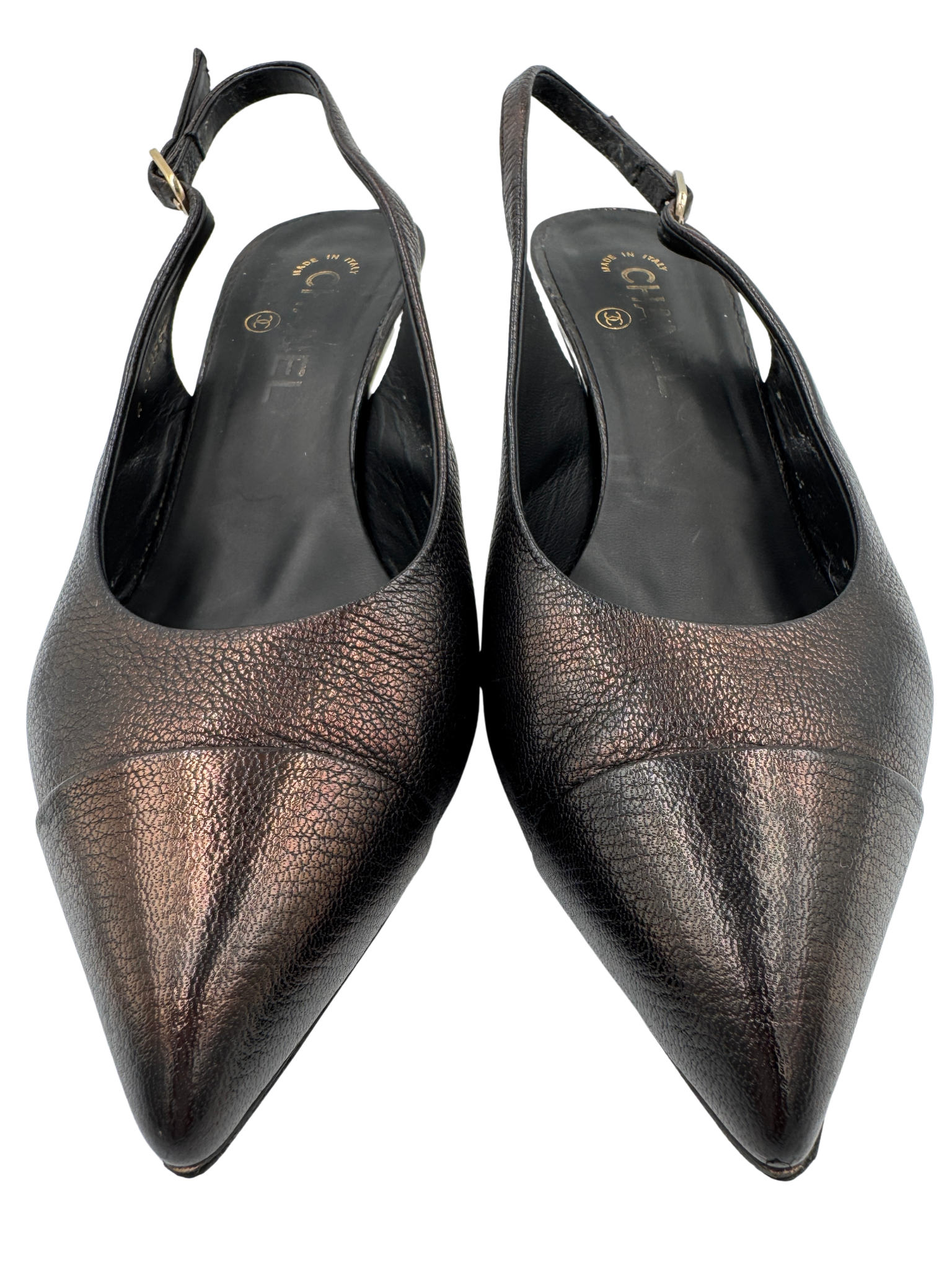 Size 39.5 Classic CC Cap-Toe Pointed Toe Slingback Pumps in Metallic Brown Leather