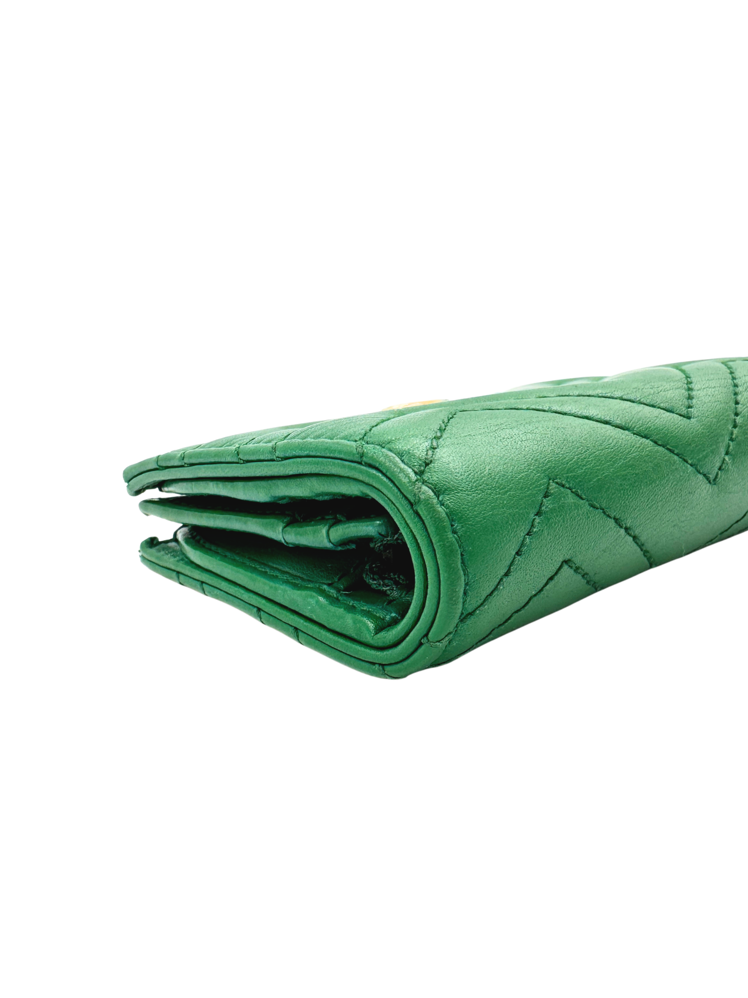 GG Marmont Chevron Matelasse Quilted Foldover Card Holder Wallet in Green Leather