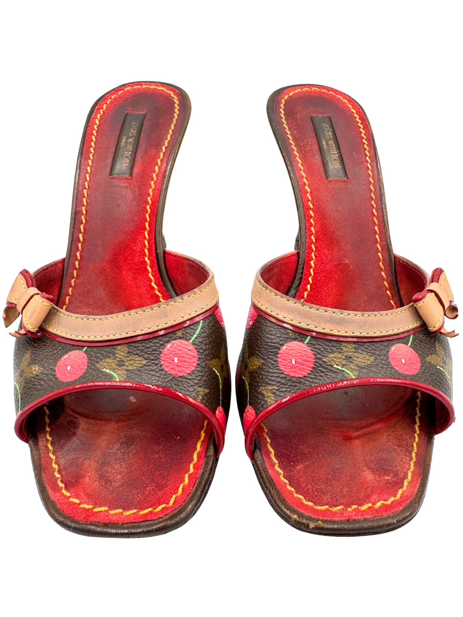 Size 37 Vintage 2005 Limited Edition Takashi Murakami Cerises Cherry Mule Sandals with Bow in Brown and Tan Monogram Coated Canvas