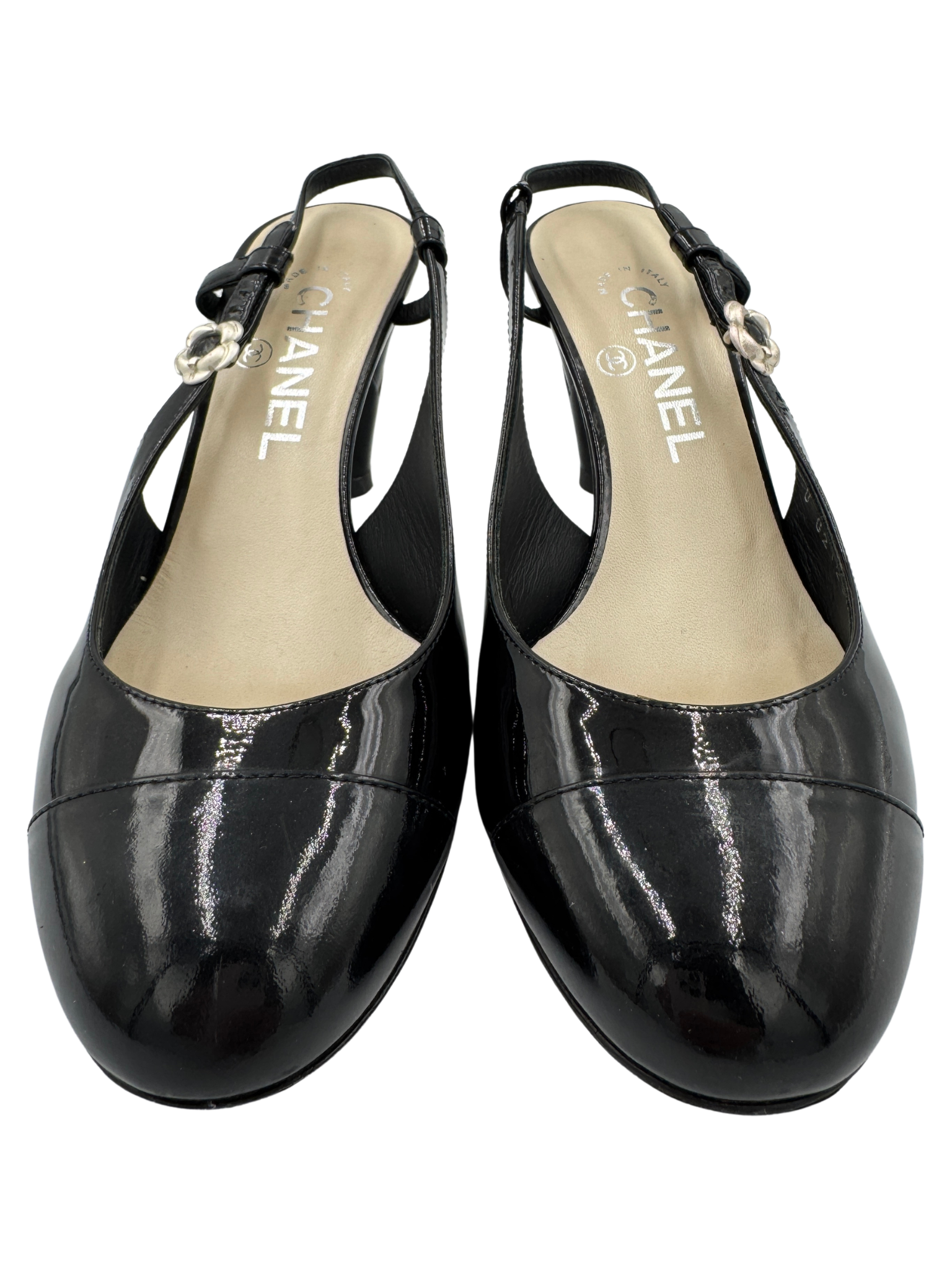 Size 38 Cap-Toe Camelia CC Slingbacks in Black Patent Leather