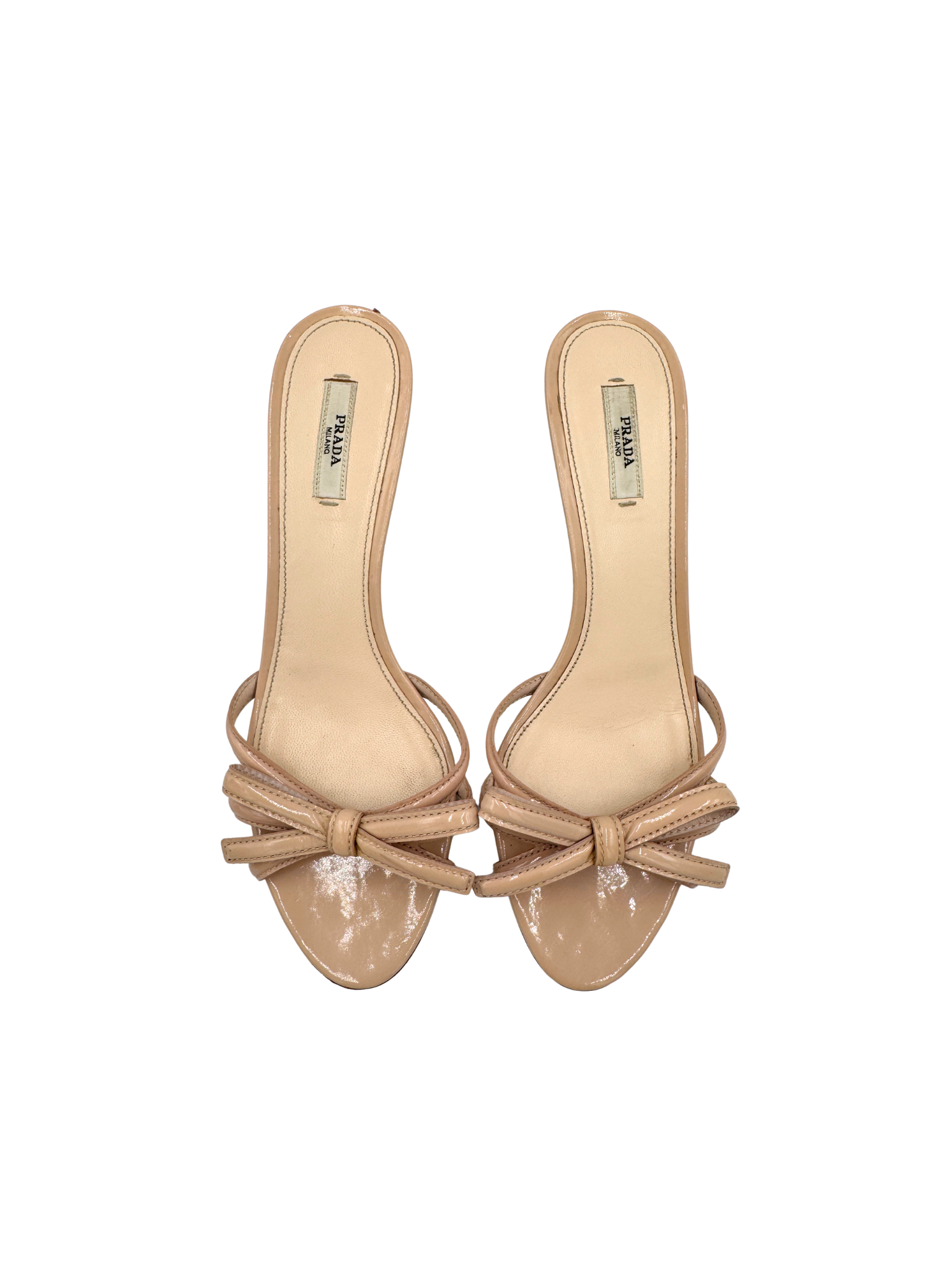 Size 39.5 Strappy Bow Kitten Heel Sandals in Nude Patent Leather