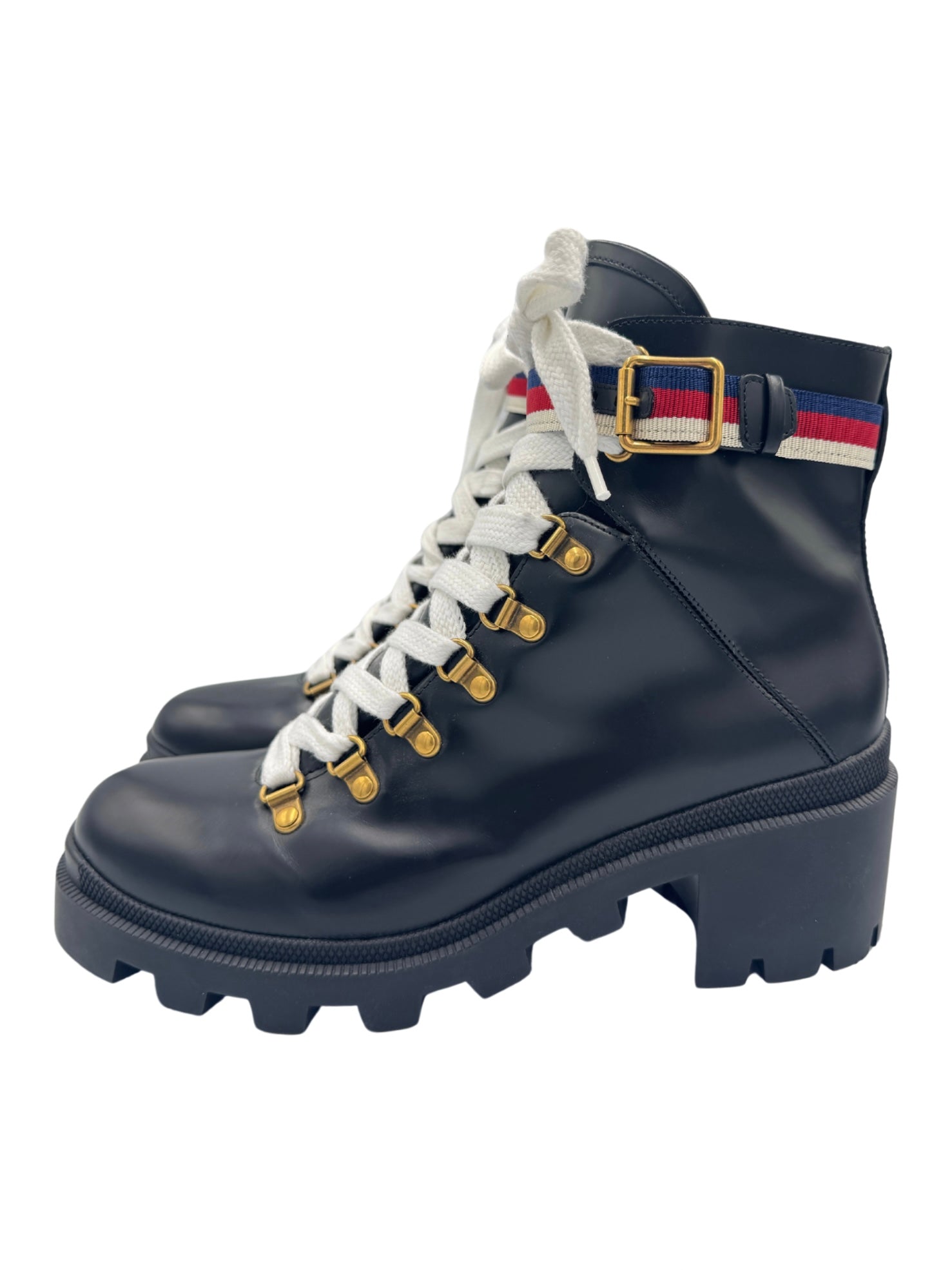 Size 40 Sylvie Web Lace-Up Combat Boots in Black Smooth Leather