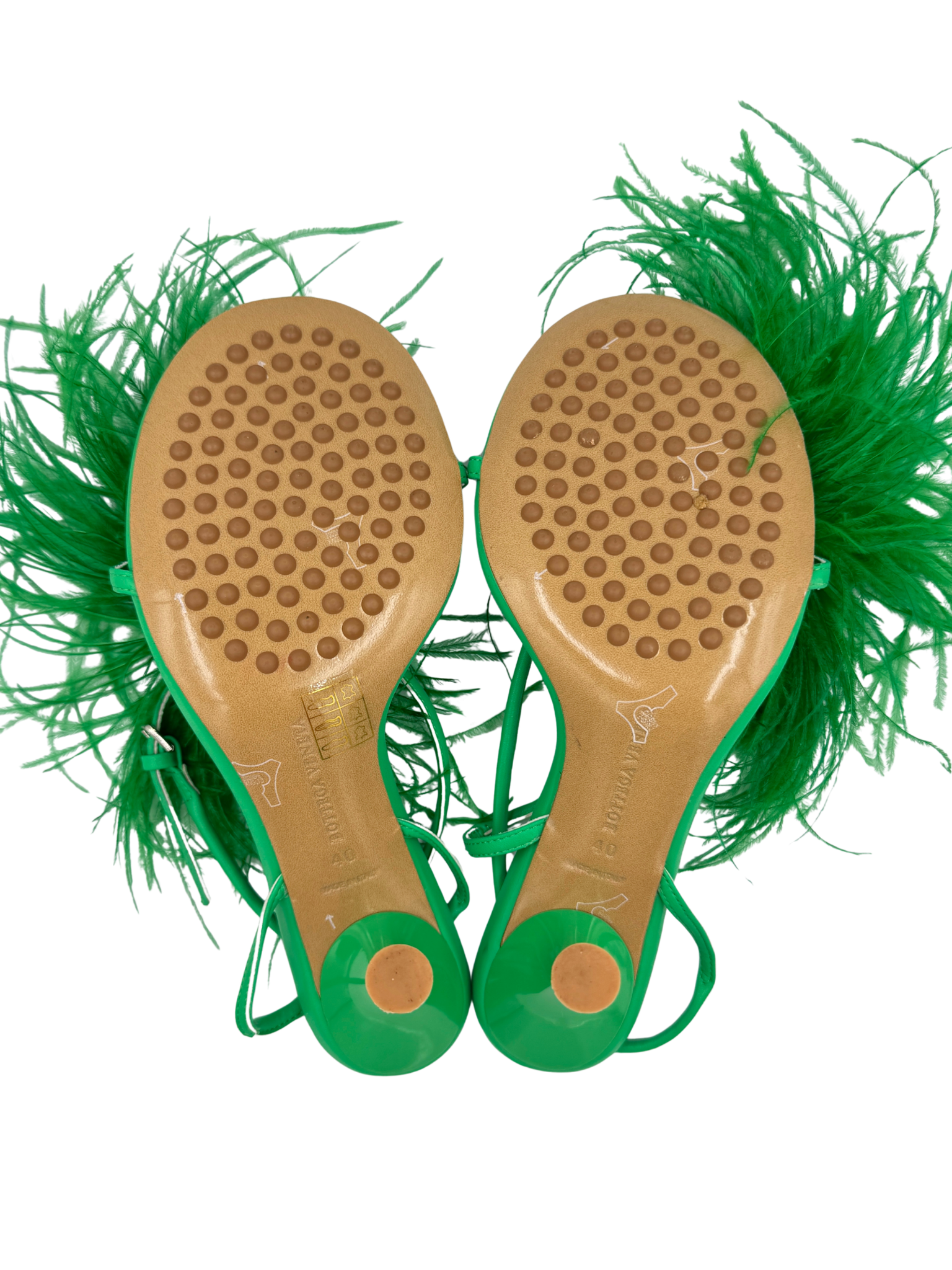Size 40 Strappy Feather Pom Sandals in Green Smooth Leather