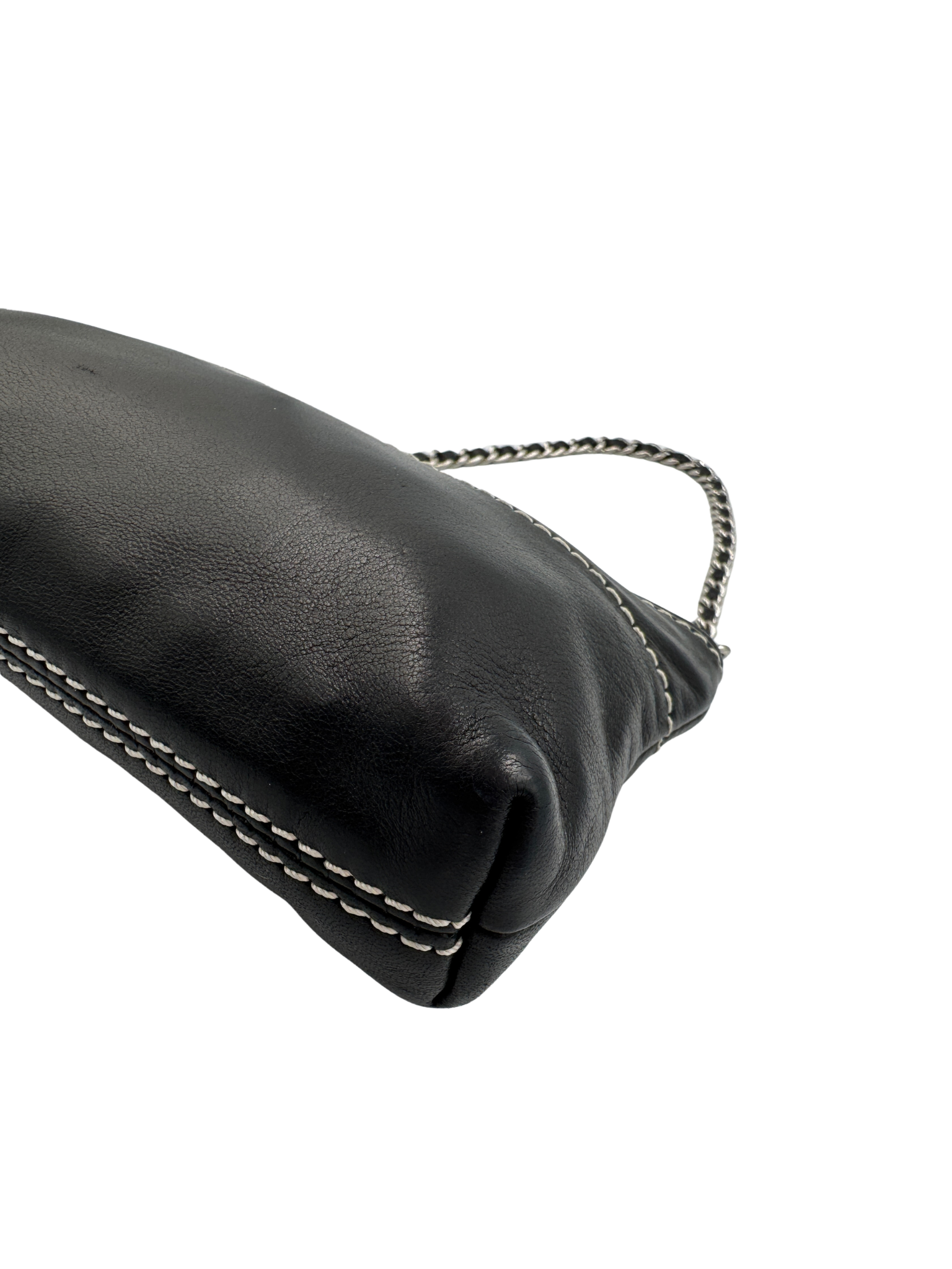 Logo Shoulder Bag Pochette in Black Lambskin Leather with Contrast Stitching