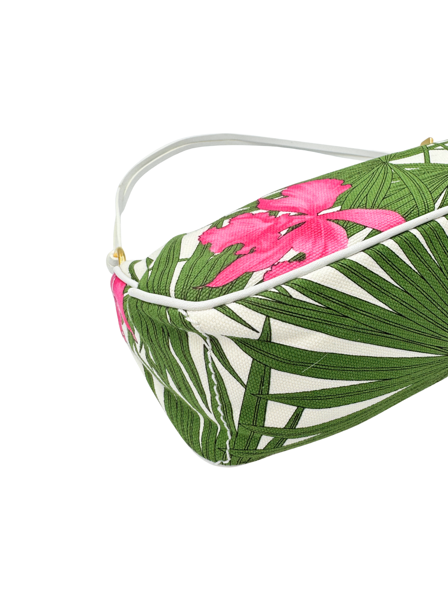 Triomphe Tropical Hibiscus Print Shoulder Bag Pochette in Pink and Green Canvas