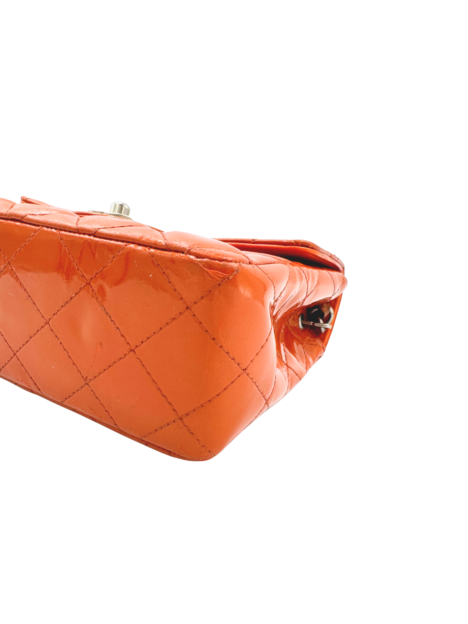 Vintage Karl Lagerfeld Era Square Mini Classic Flap Bag with CC Turnlock in Orange Patent Leather