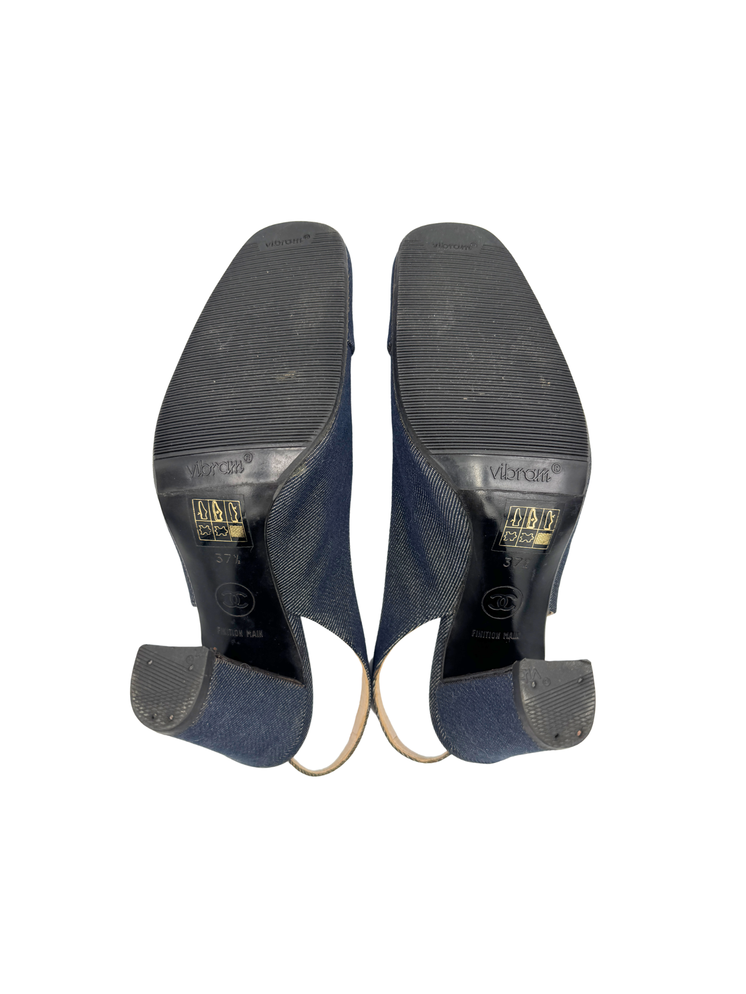 Size 37.5 Vintage Karl Lagerfeld Era CC Logo Slingback Heels in Navy Denim